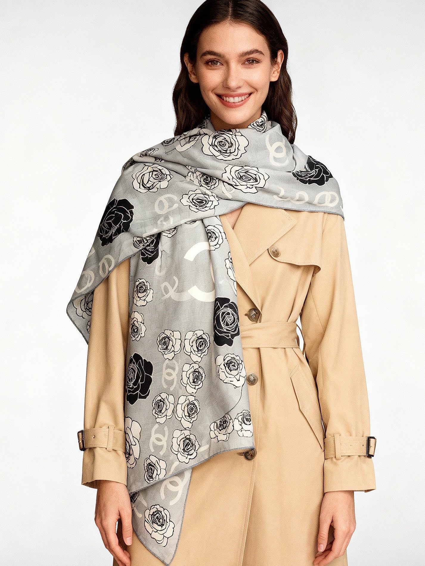 CC Camellia Scarf 140cm Grey Colorful Cashmere Silk 168125