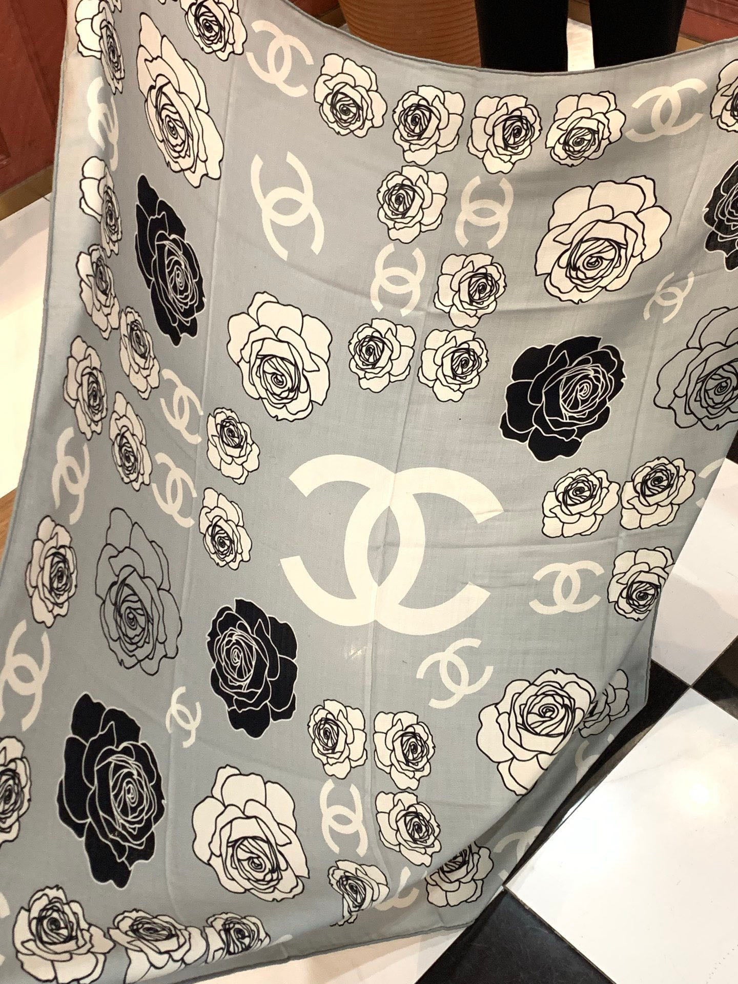 CC Camellia Scarf 140cm Grey Colorful Cashmere Silk 168125