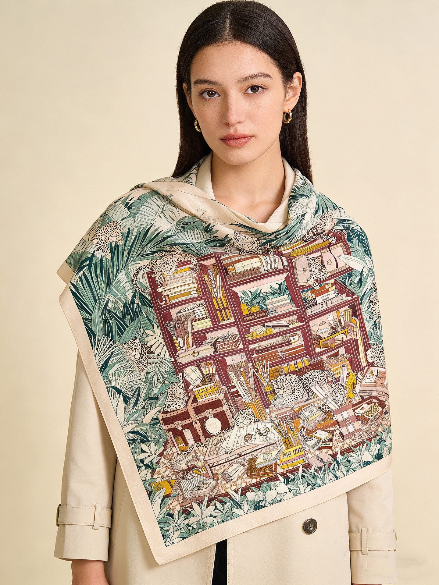 Les Douze Leopards Scarf 140cm Ivory Colorful Cashmere Silk 168127