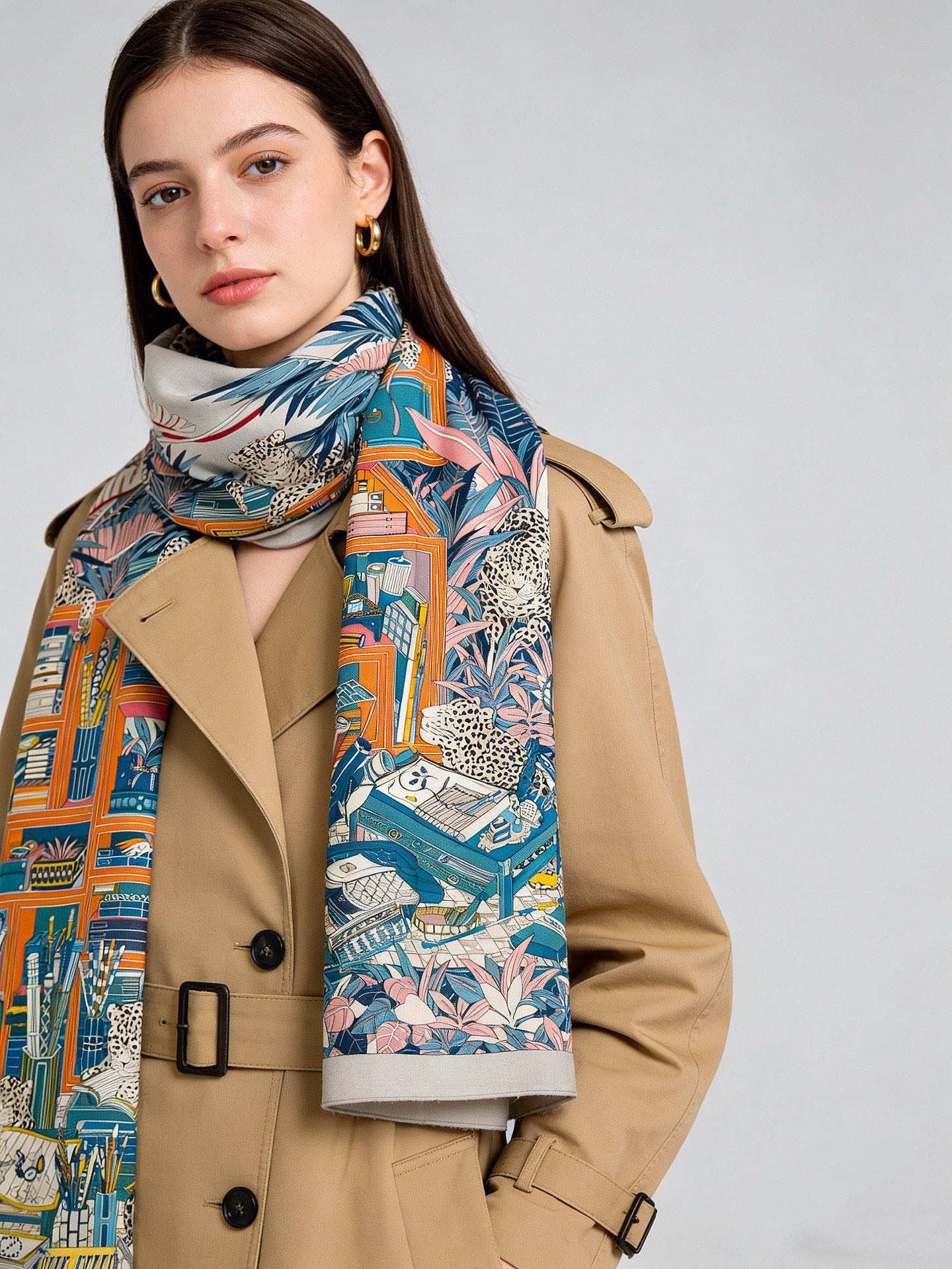 Les Douze Leopards Scarf 140cm Light Blue Colorful Cashmere Silk 168129