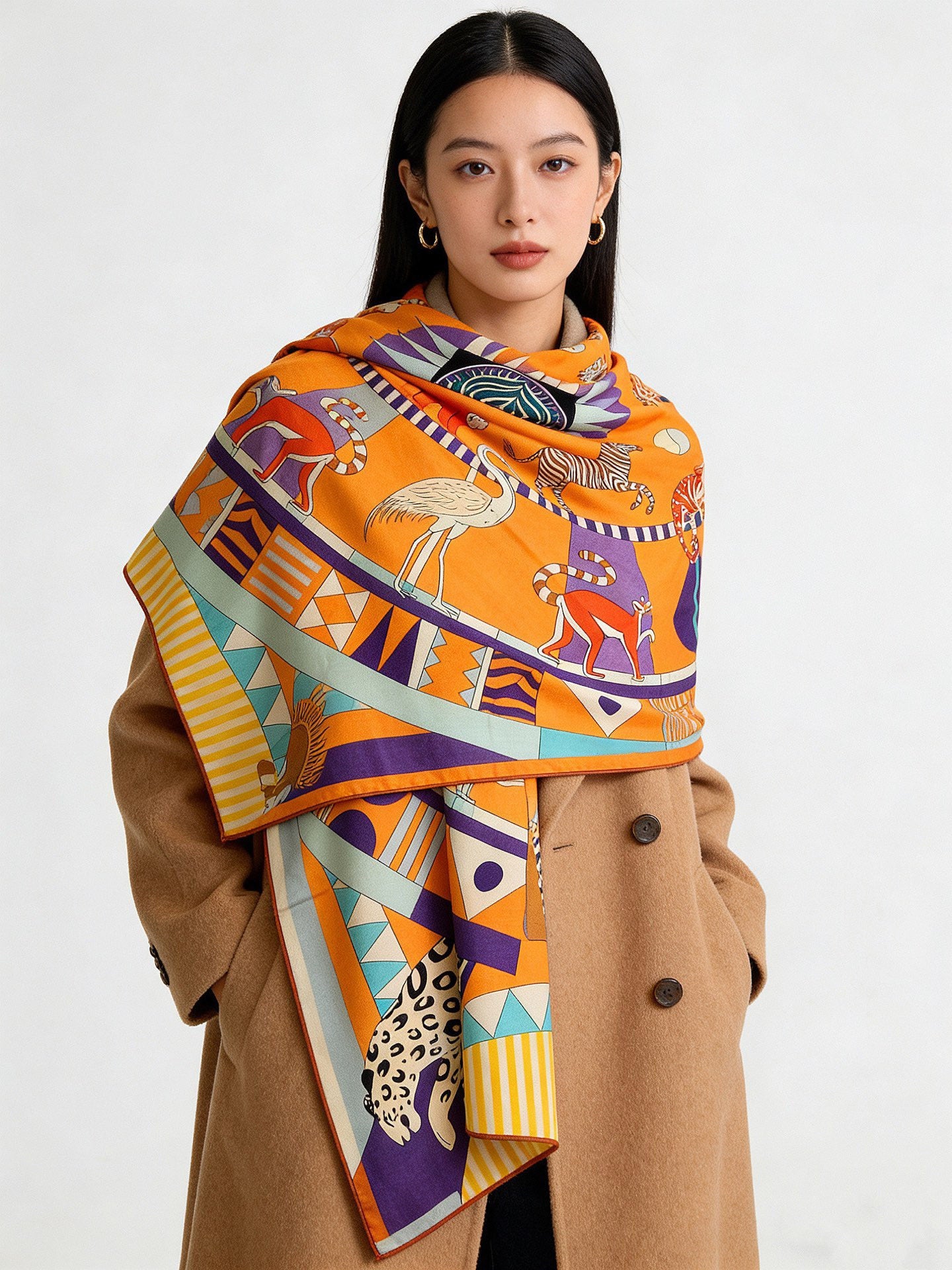 Le Carrousel du Tigre Royal 140cm Orange Colorful Cashmere Silk 168135