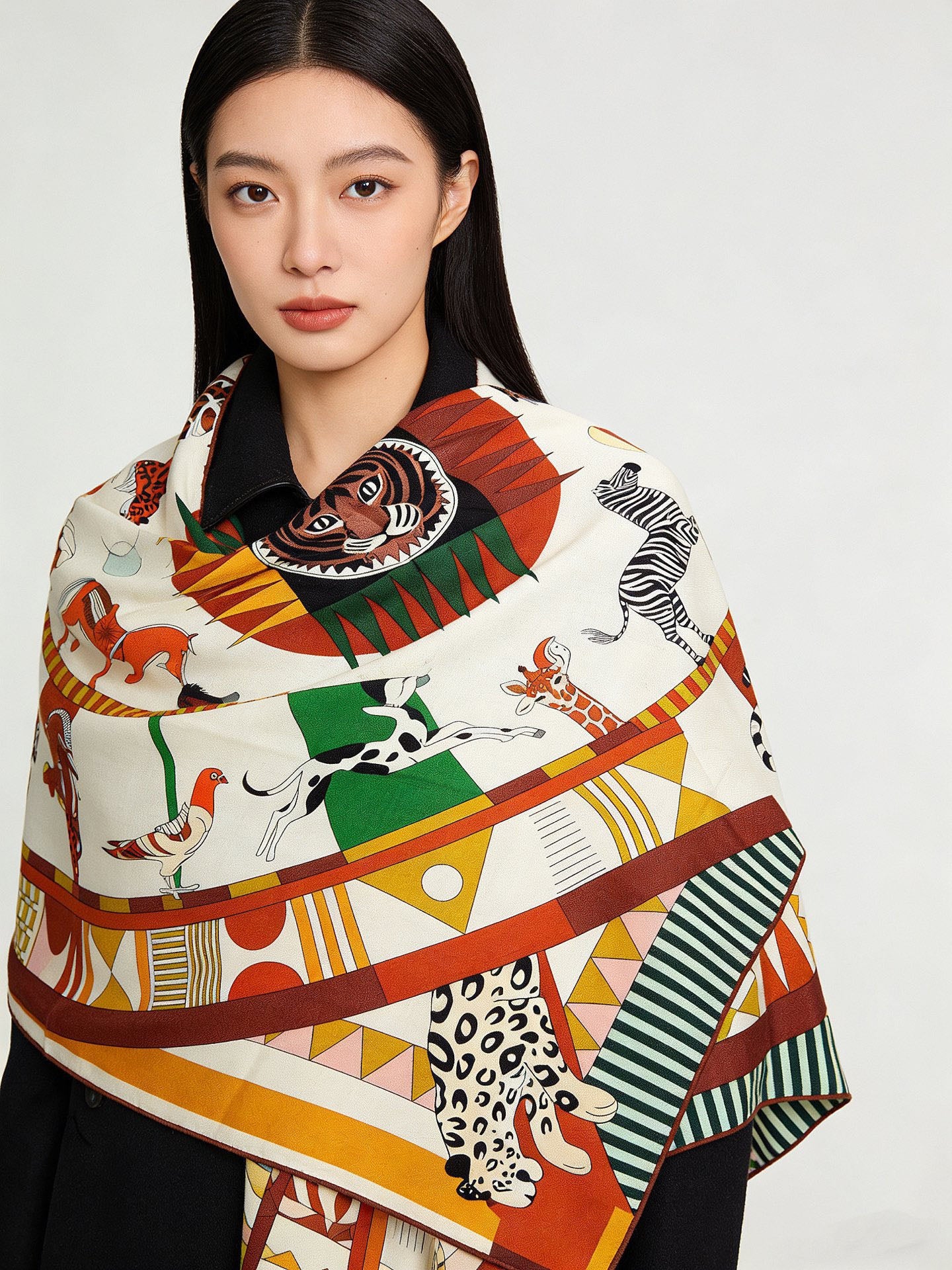 Le Carrousel du Tigre Royal 140cm White Colorful Cashmere Silk 168138