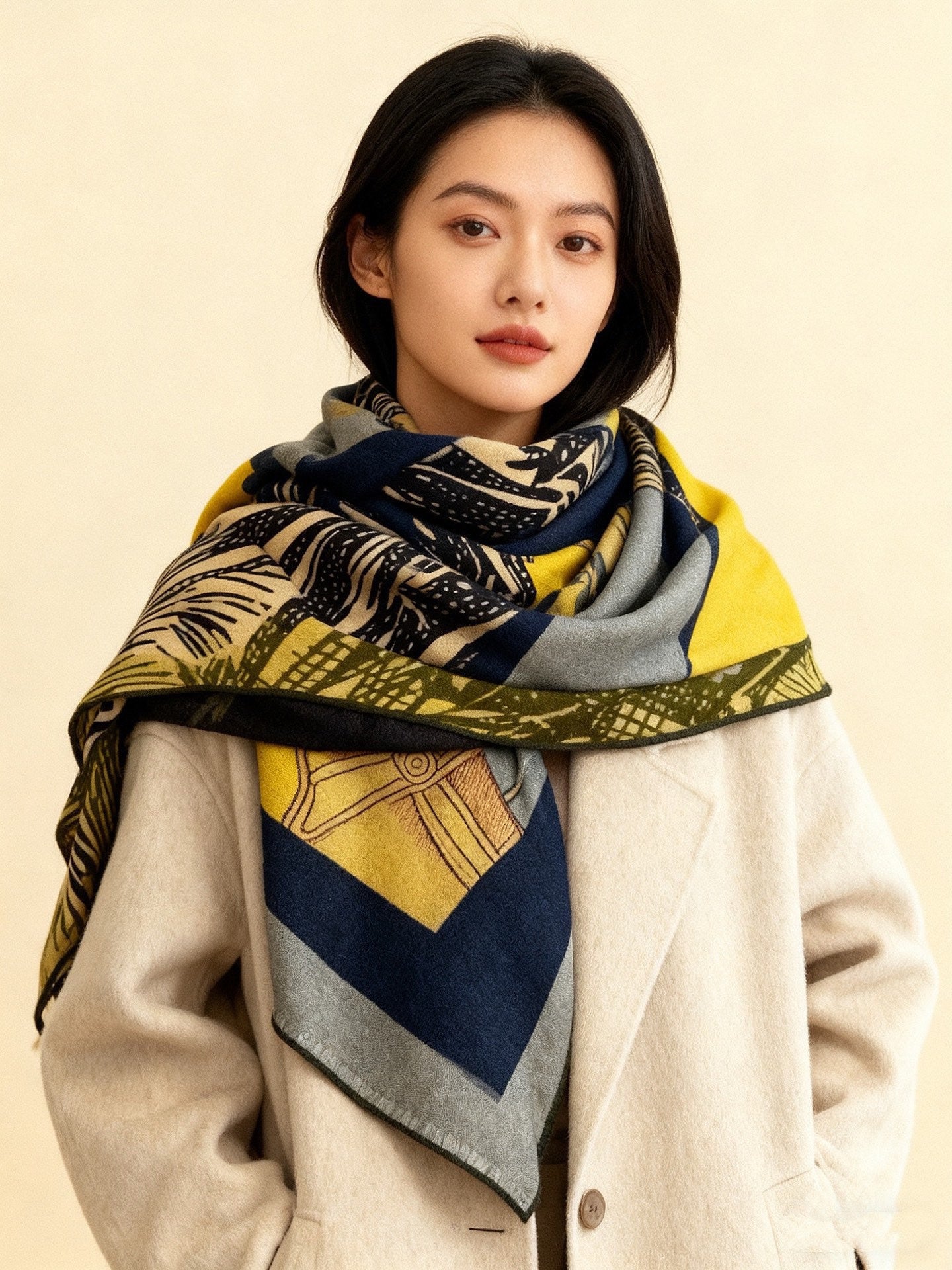 Cavalier en Formes shawl 140cm Gray Colorful Cashmere Silk 168141