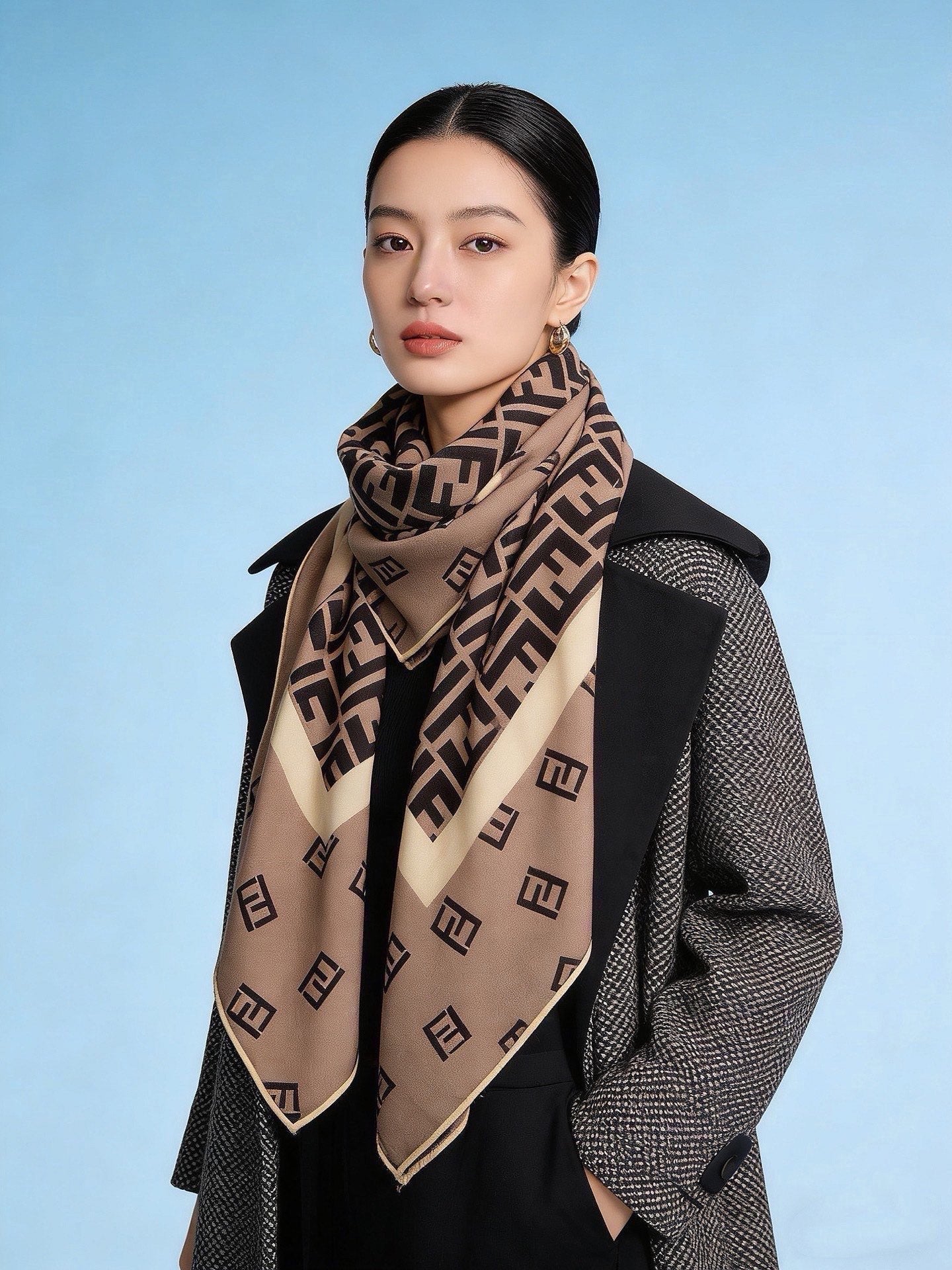 Fendi Scarf 140*140cm Taupe Cashmere Silk 286295