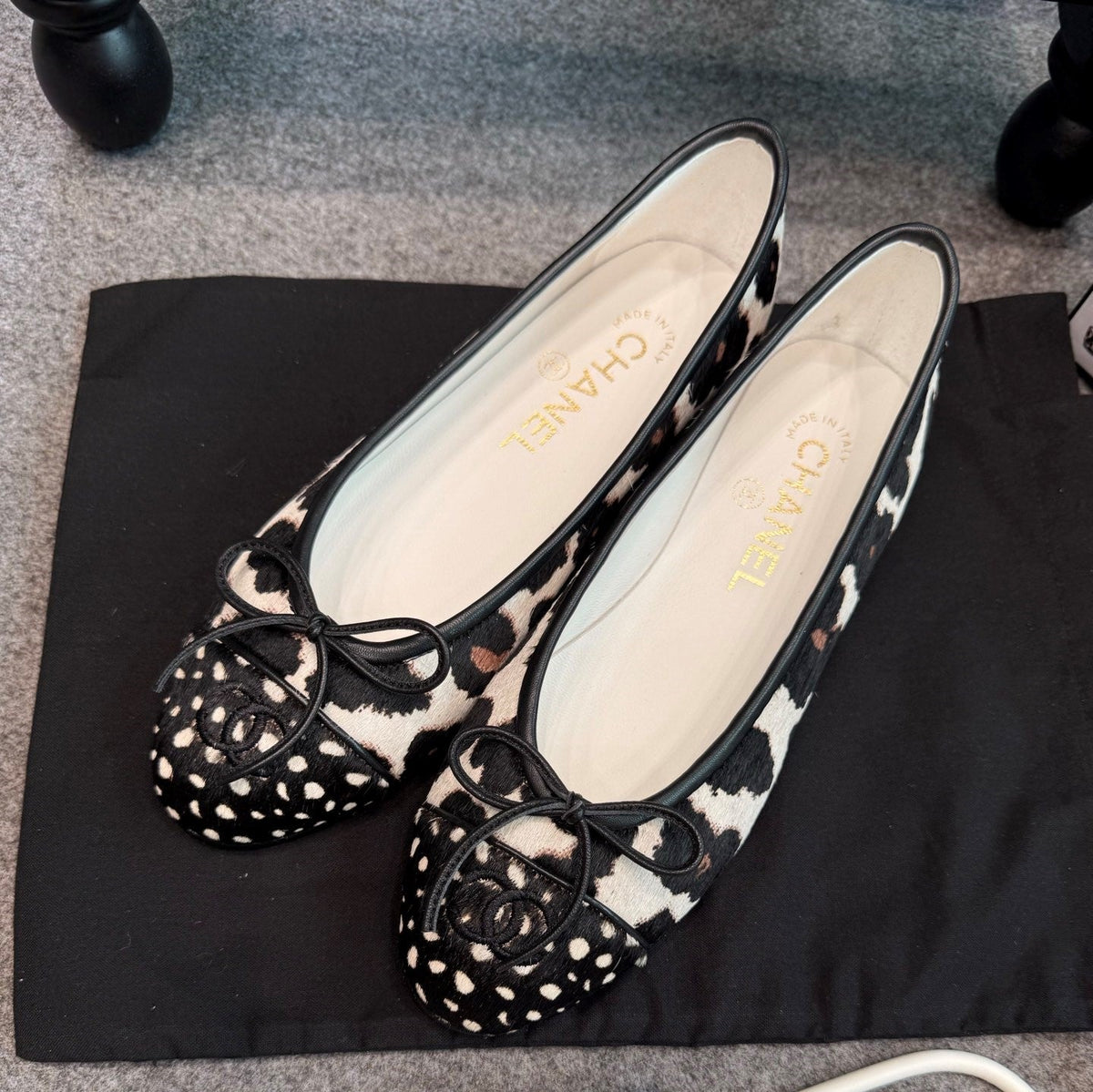 CC 26s Ballet Flats 1cm Black White Leopard Horsehair 118957