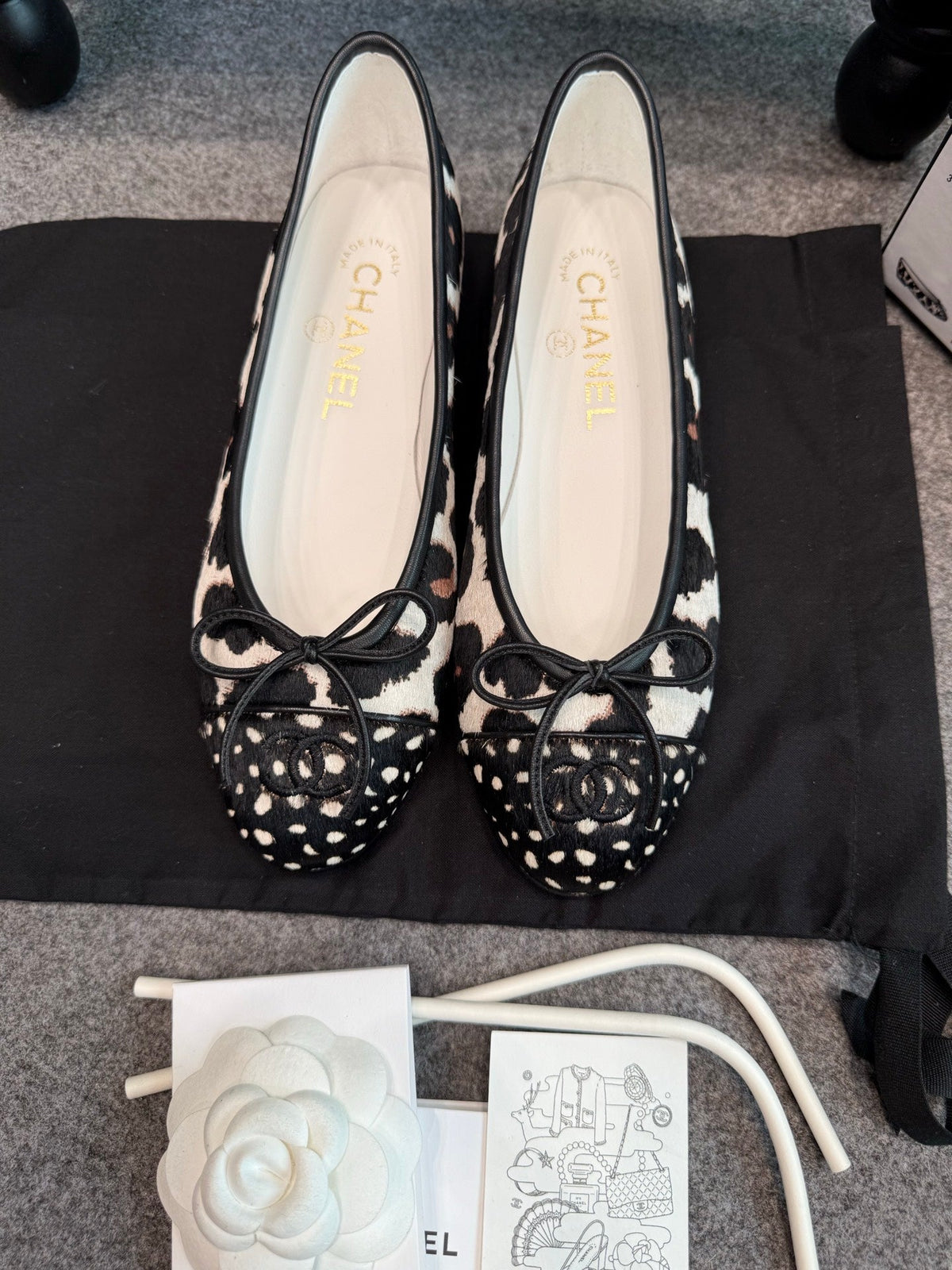 CC 26s Ballet Flats 1cm Black White Leopard Horsehair 118957