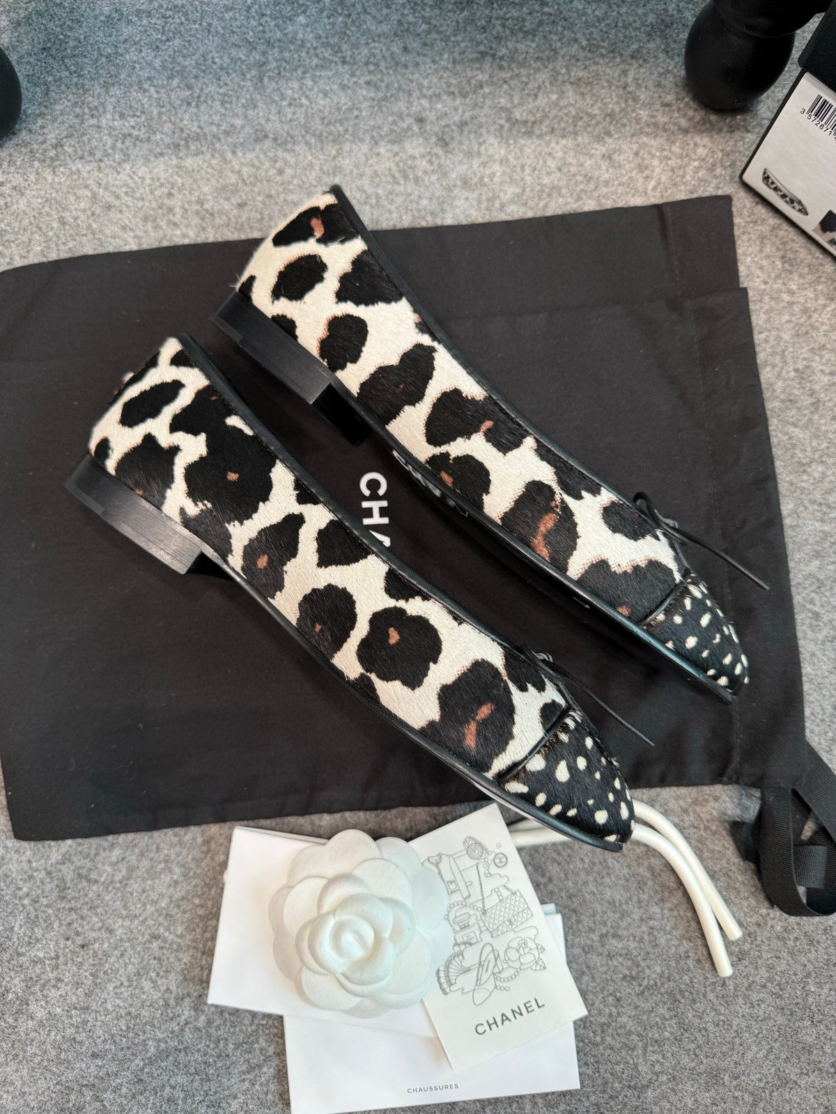 CC 26s Ballet Flats 1cm Black White Leopard Horsehair 118957
