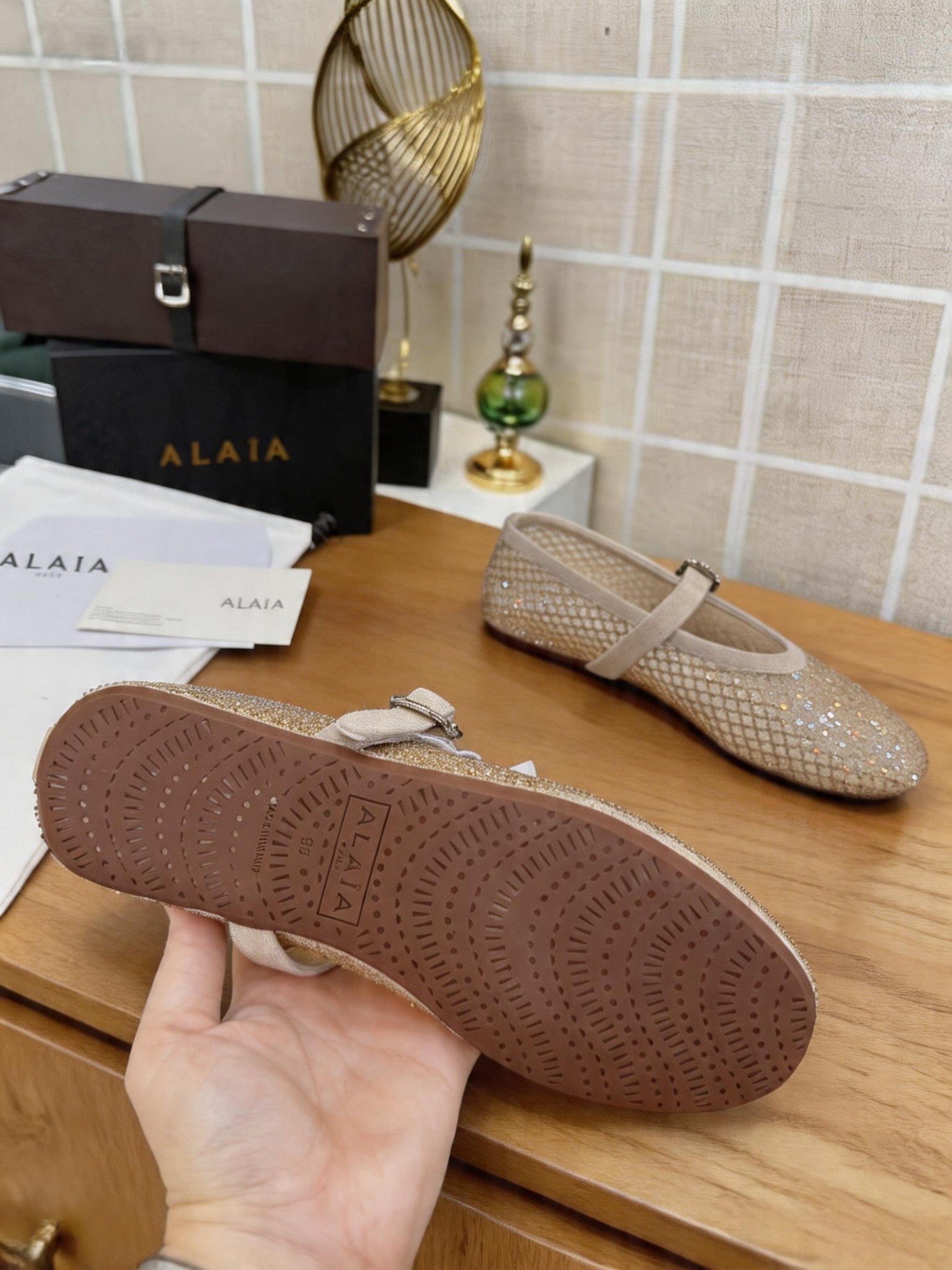 Alaia 26s Fishnet Ballet Flat Light Khaki Mesh 935644