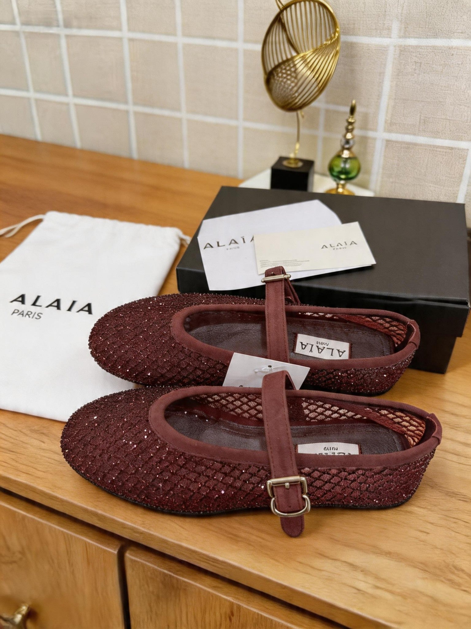 Alaia 26s Fishnet Ballet Flat Burgundy Mesh 935645