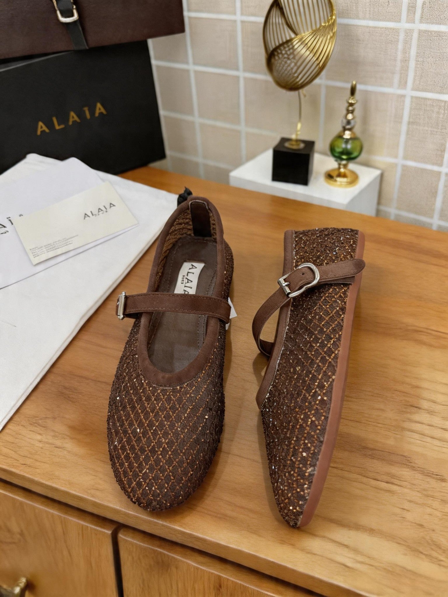 Alaia 26s Fishnet Ballet Flat Brown Mesh 935646