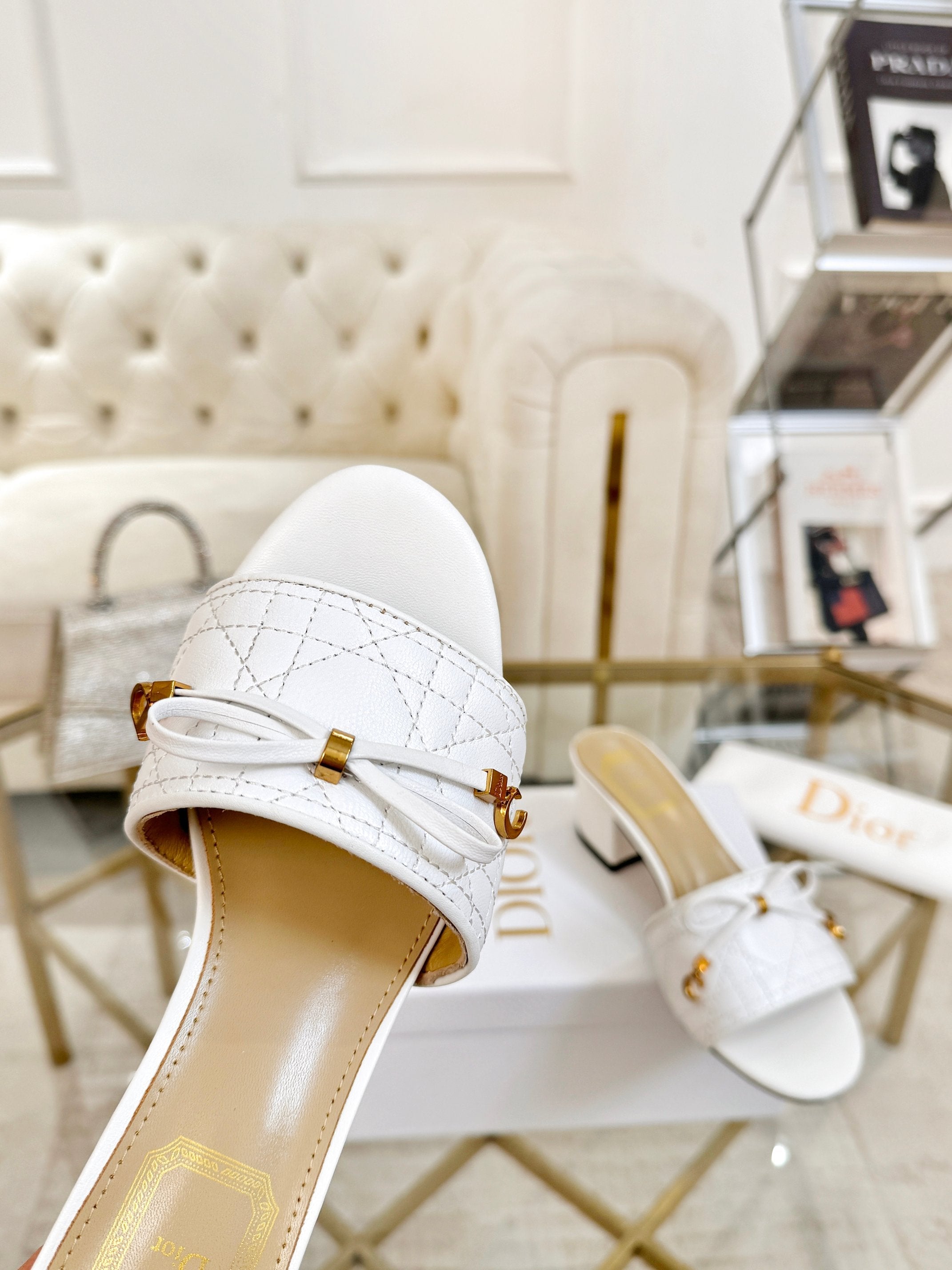 CD Cannage Heeled Slide 3.5cm White Quilted Lambskin 668028