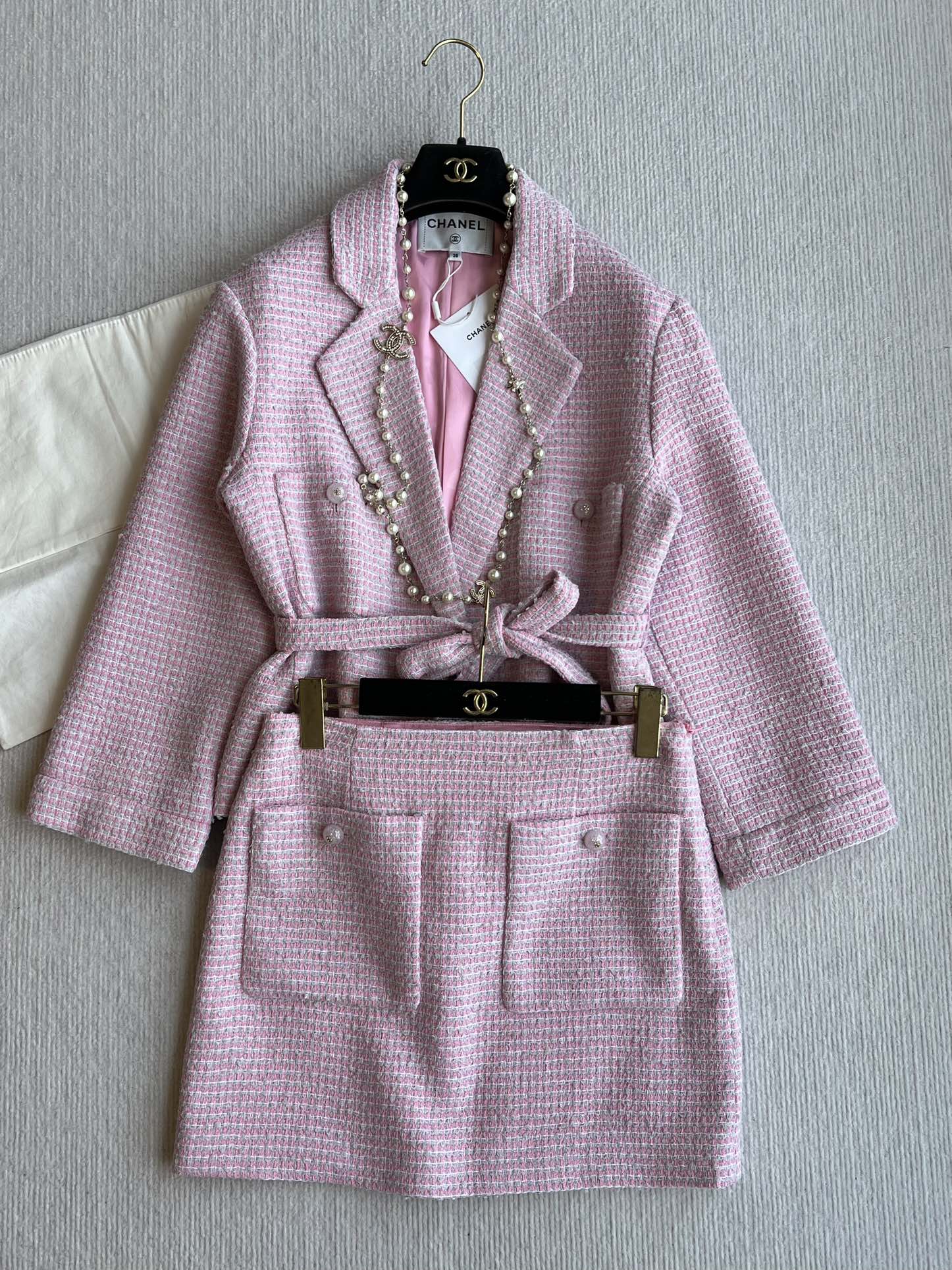 CC 25SS Lace-up Jacket Pink Sequins Tweed 235919