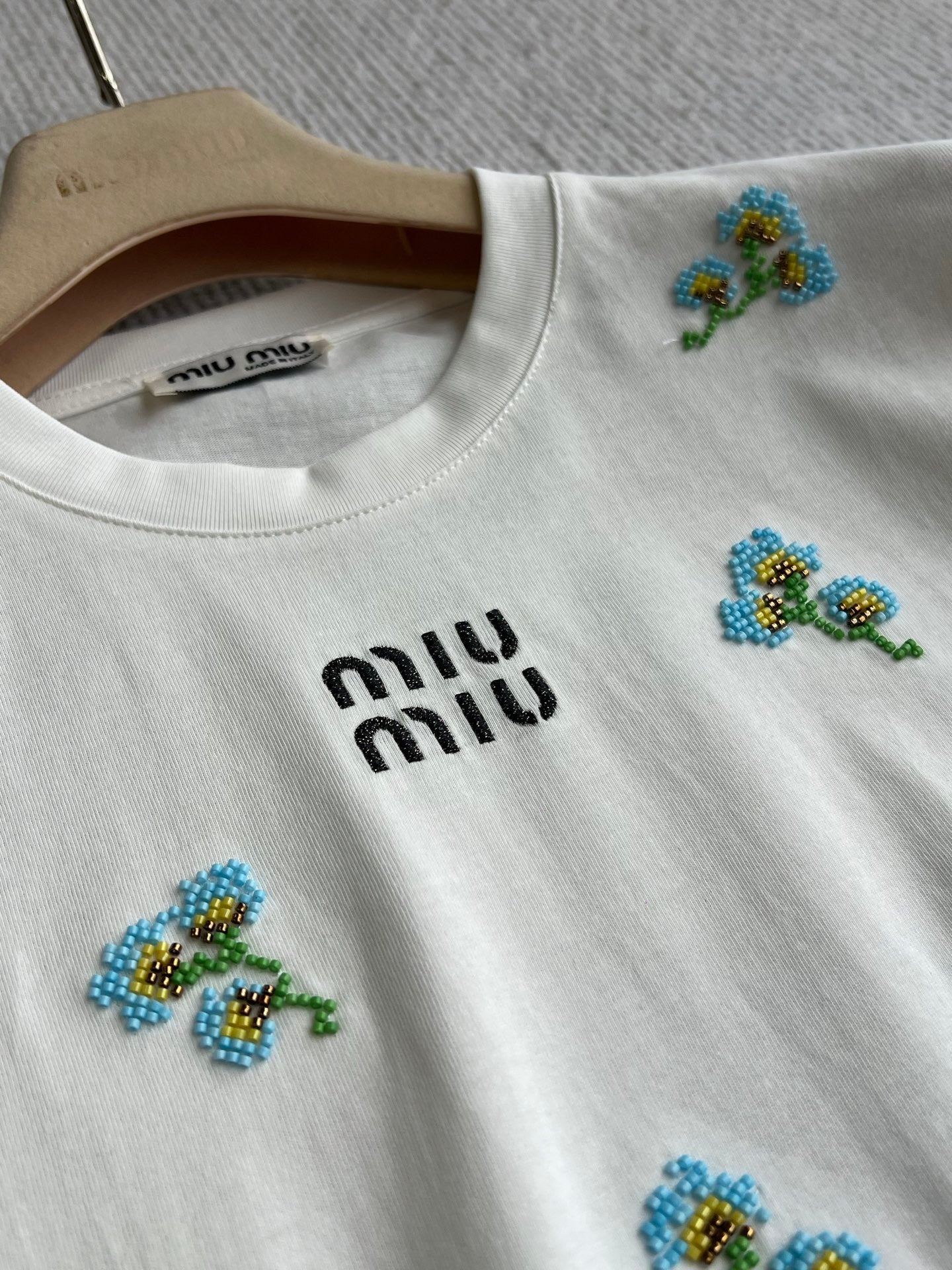 Miu Miu Short Sleeve Embroidered Floral T-Shirt White Cotton 372627