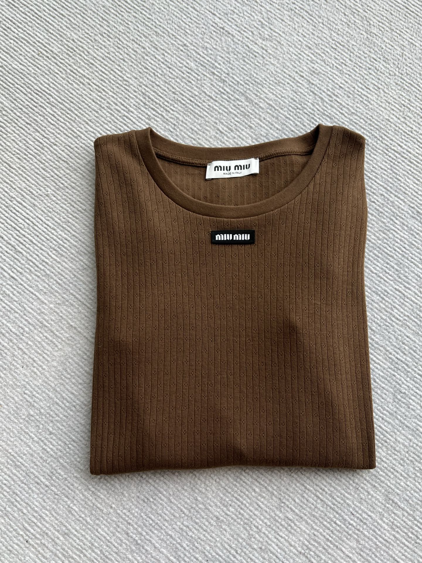Miu 26s Jacquard Long-sleeved T-shirt Coffee Cotton 412323
