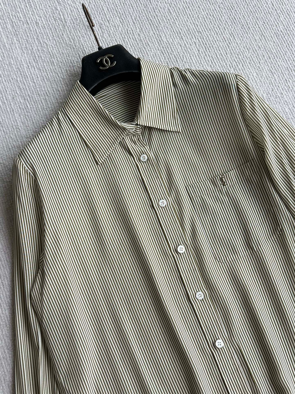 YSL 26s Striped Long Sleeve Shirt Olive Green Silk 434513