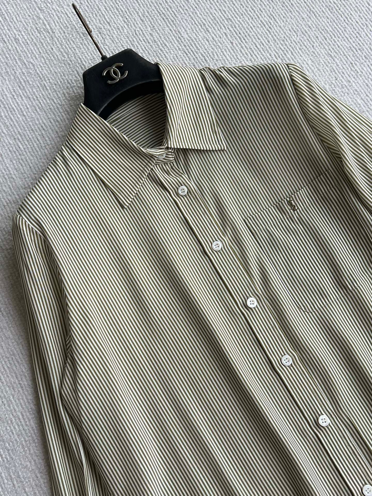 YSL 26s Striped Long Sleeve Shirt Olive Green Silk 434513