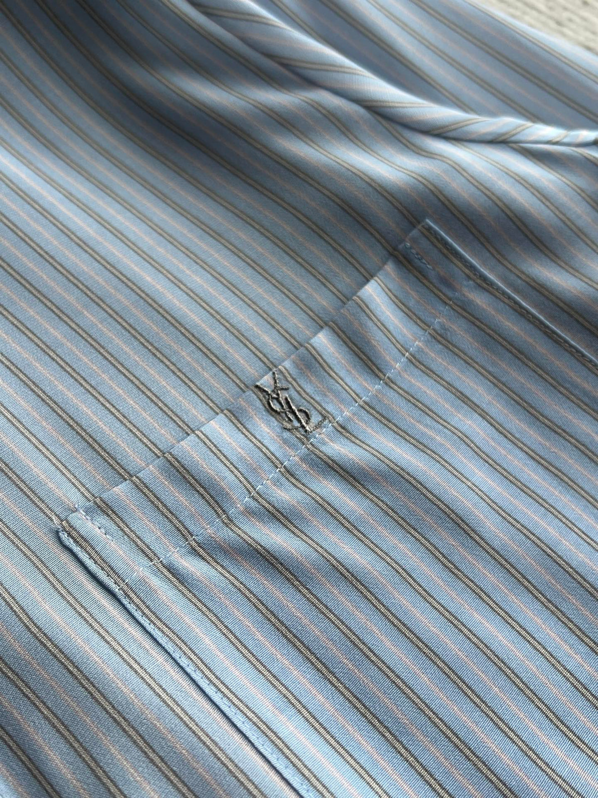 YSL 26s Striped Long Sleeve Shirt Light Blue Silk 434514