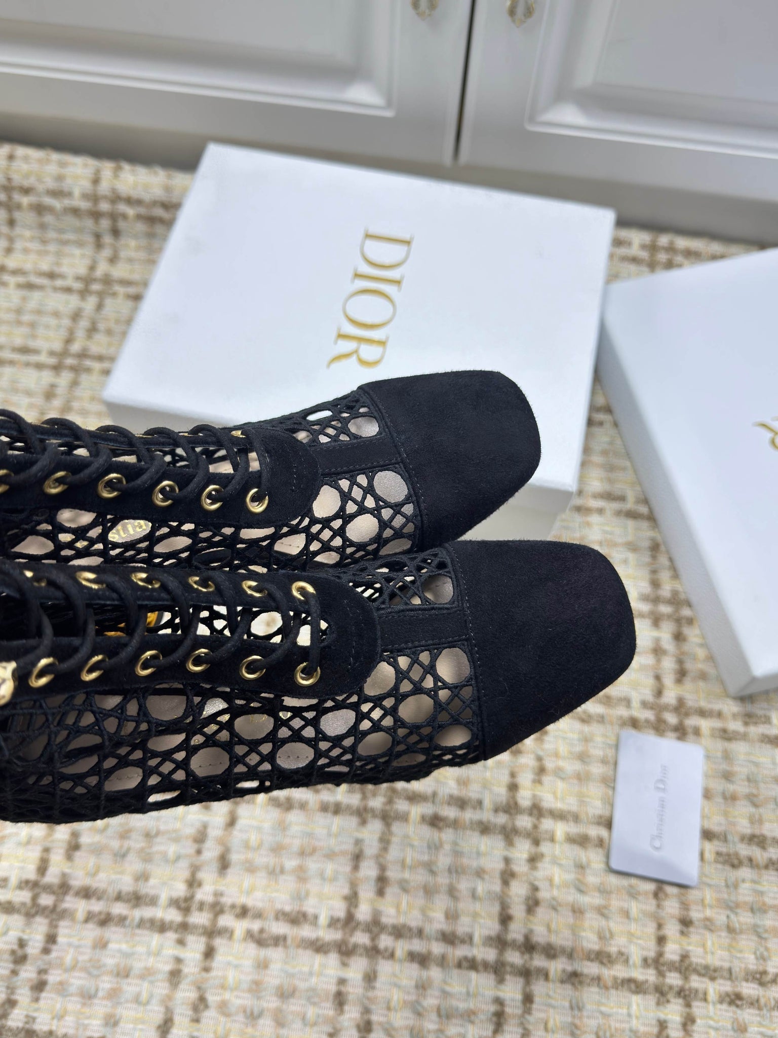 CD 26s Lace Up Ankle Boots 80mm In Black Openwork Lace Suede Gold Heel
