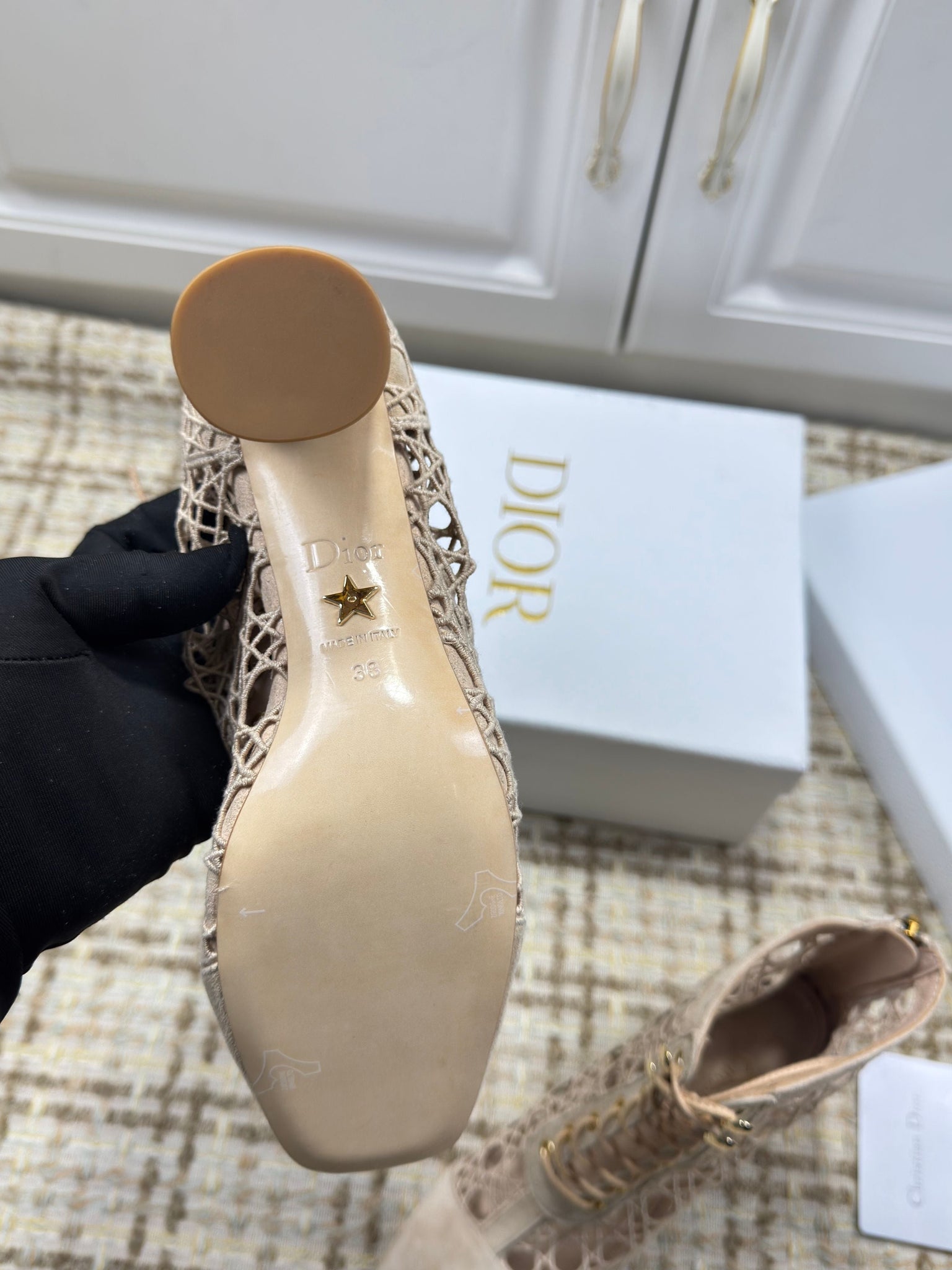 CD 26s Lace Up Ankle Boots 80mm In Beige Openwork Lace Suede Gold Heel