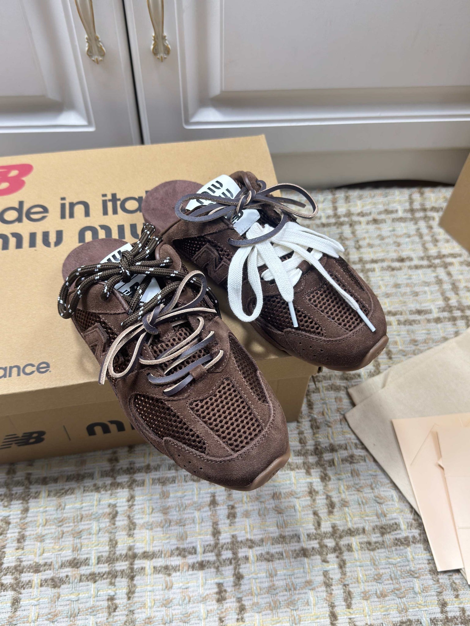 Miumiu 26s New Balance Sneaker Mules In Dark Brown Suede And Mesh