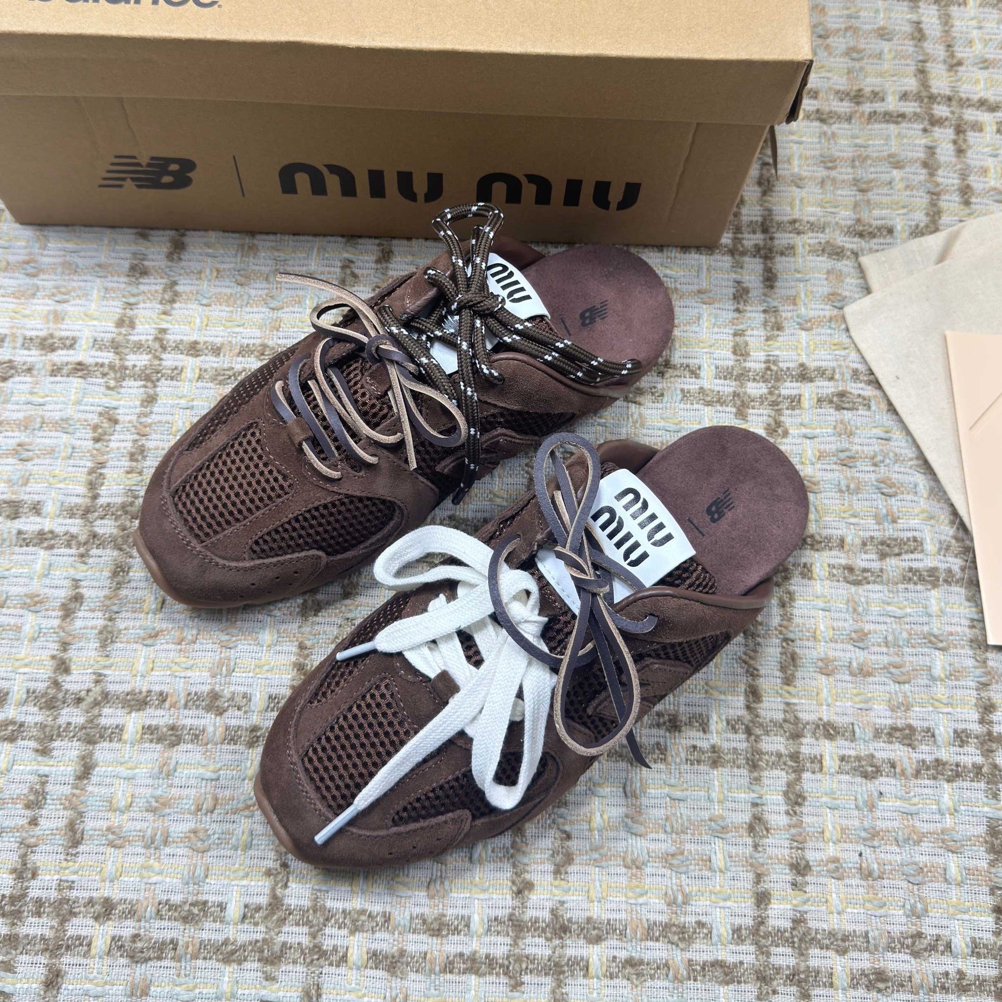 Miumiu 26s New Balance Sneaker Mules In Dark Brown Suede And Mesh