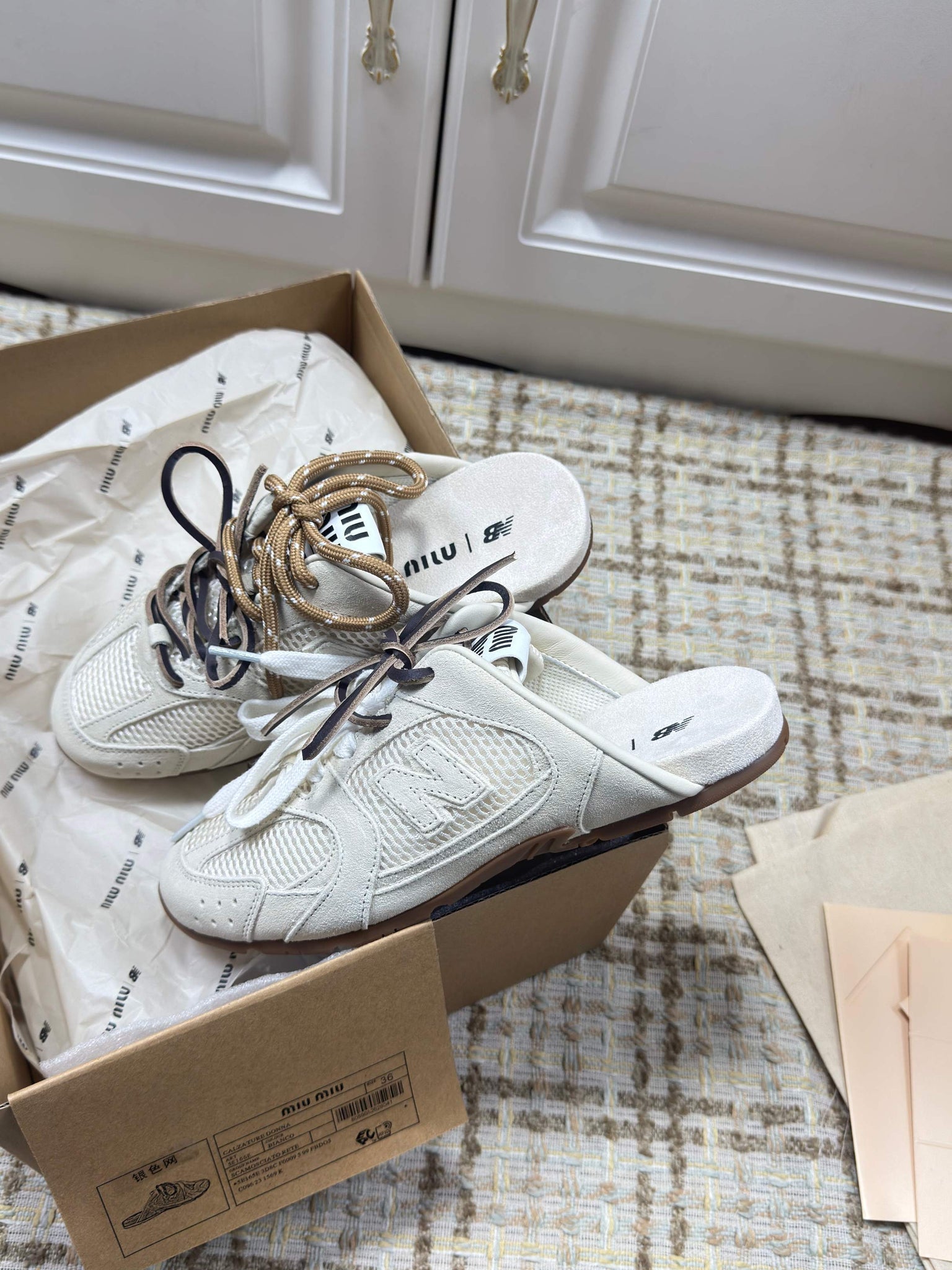 Miumiu 26s New Balance Sneaker Mules In Cream White Suede And Mesh