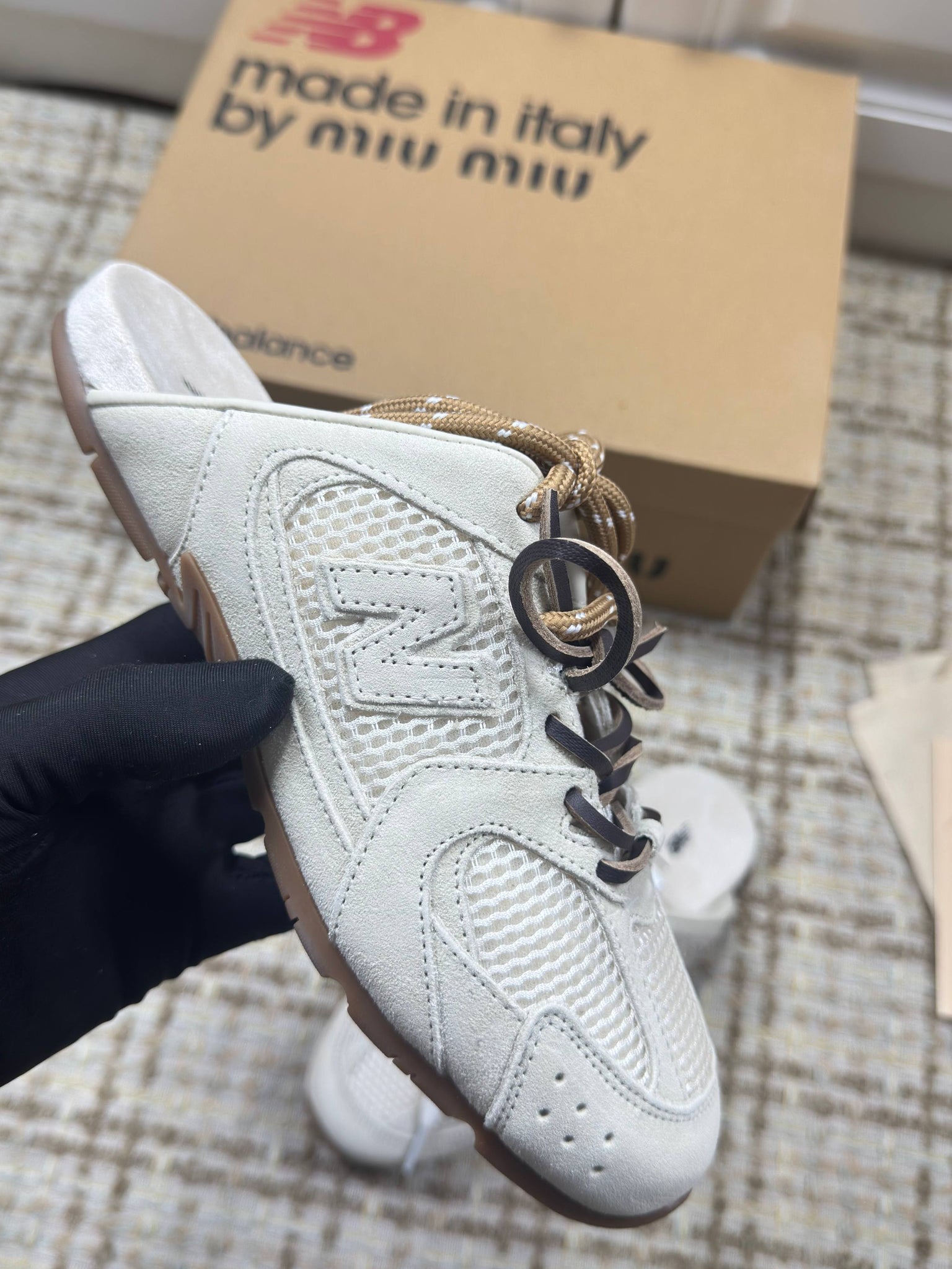 Miumiu 26s New Balance Sneaker Mules In Cream White Suede And Mesh