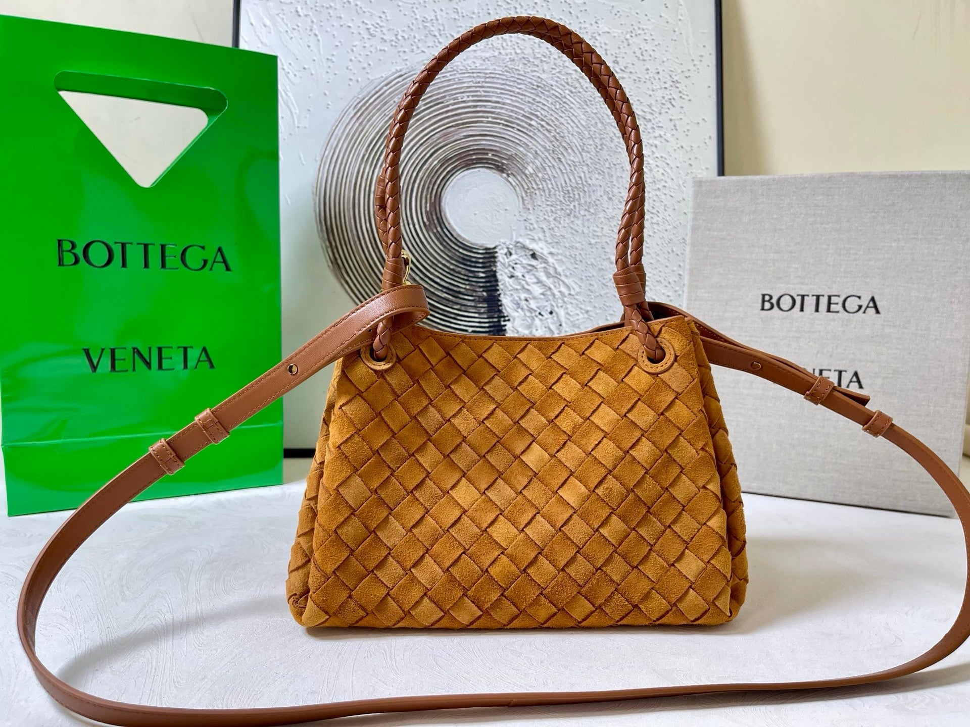 BV Small Parachute 20cm Tan Brown Suede Intrecciato Leather