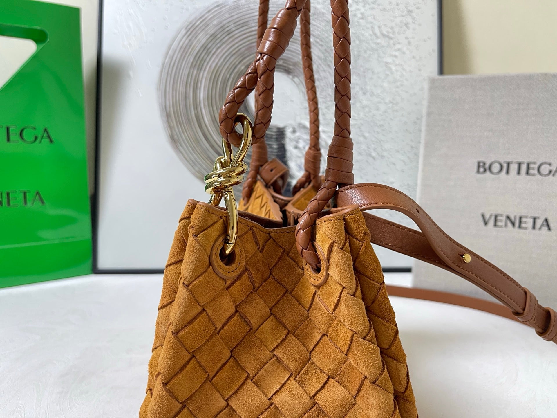 BV Small Parachute 20cm Tan Brown Suede Intrecciato Leather