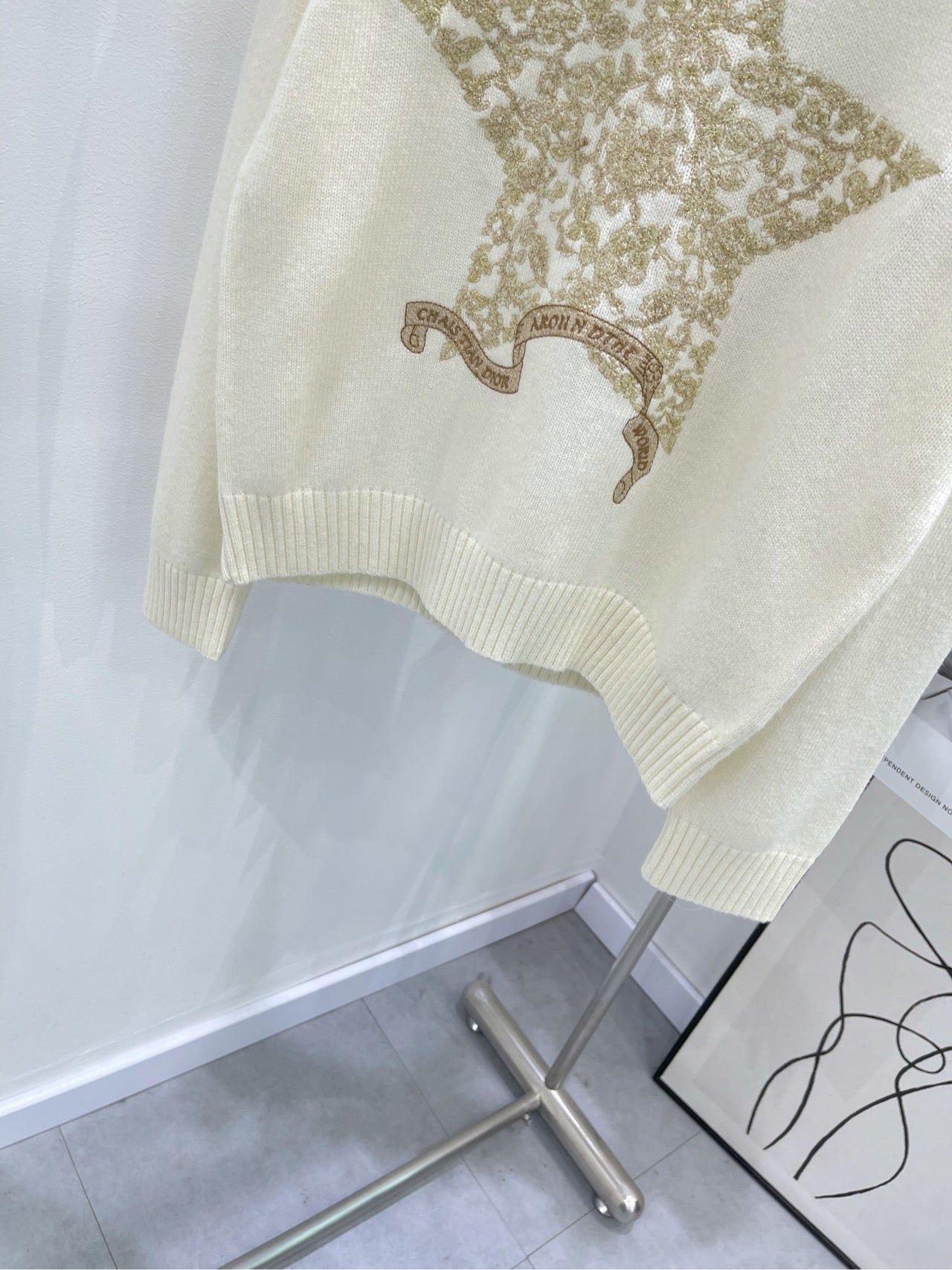 CD 26s Sweater with Gold Thread Star Embroidery Off White Wool 417298