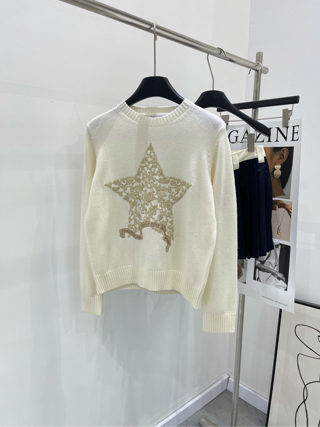 CD 26s Sweater with Gold Thread Star Embroidery Off White Wool 417298