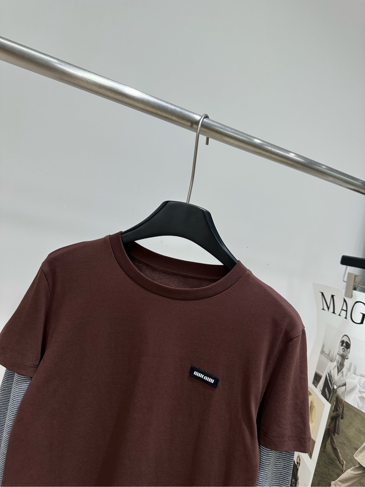 Miu 26s Striped Faux Two-Piece Polo Collar Long-Sleeve T-Shirt Brown 410035
