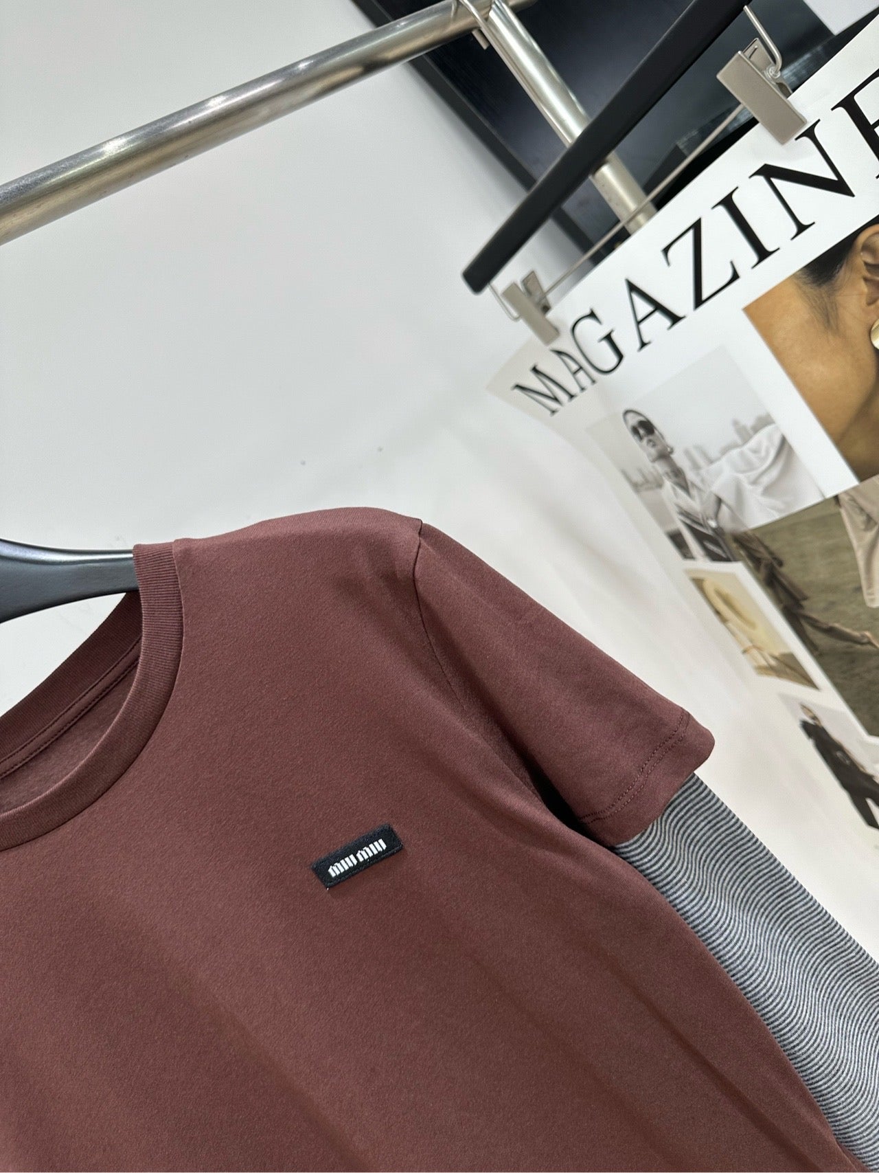 Miu 26s Striped Faux Two-Piece Polo Collar Long-Sleeve T-Shirt Brown 410035