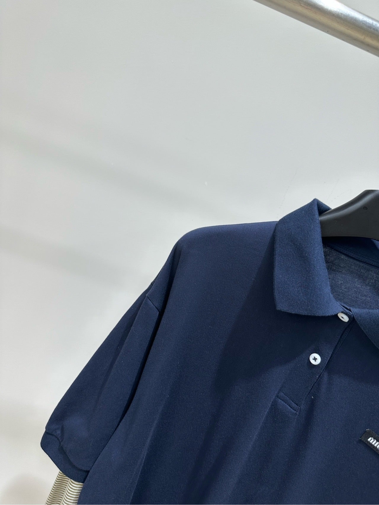 Miu 26s Striped Faux Two-Piece Polo Collar Long-Sleeve T-Shirt Navy Blue 410027