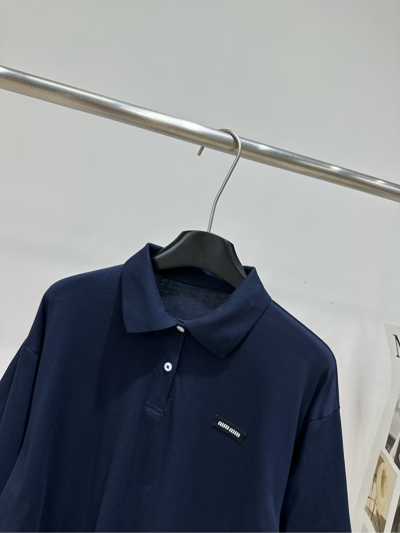 Miu 26s Striped Faux Two-Piece Polo Collar Long-Sleeve T-Shirt Navy Blue 410027