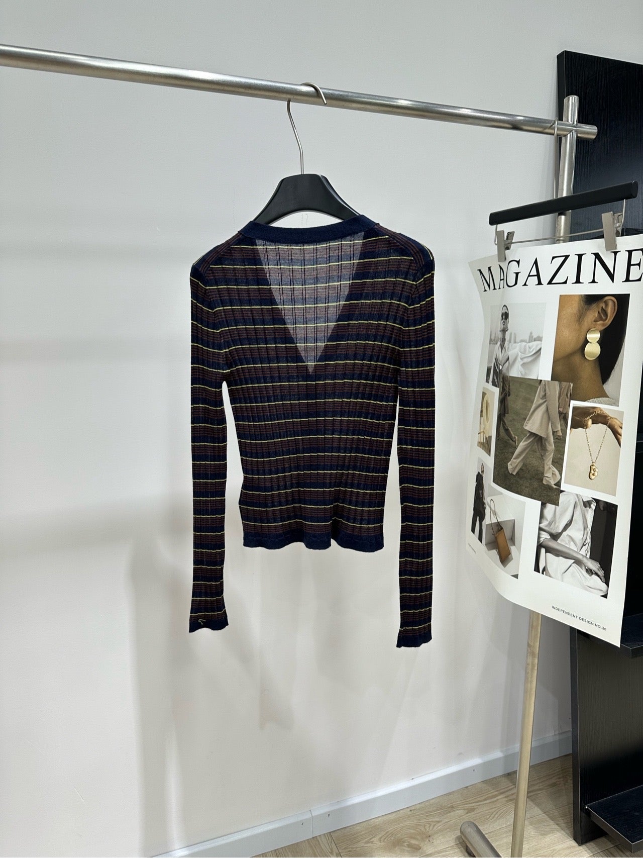 Prada 26s Pin Striped V-Neck Long-Sleeve Cardigan Navy Blue Brown Cashmere 417276