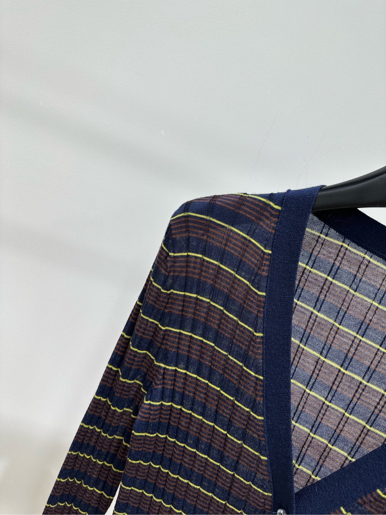 Prada 26s Pin Striped V-Neck Long-Sleeve Cardigan Navy Blue Brown Cashmere 417276