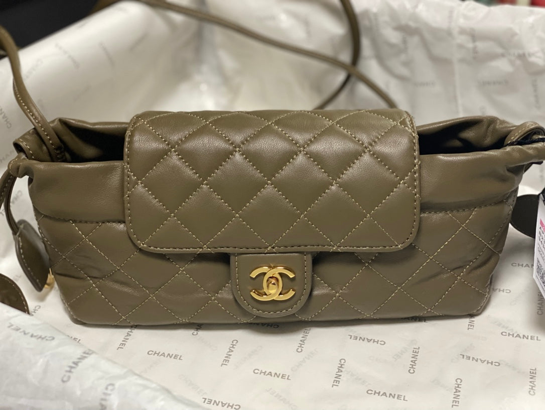 Chanel 2026 Pouch With Leather Strap 25cm Olive Green Calfskin