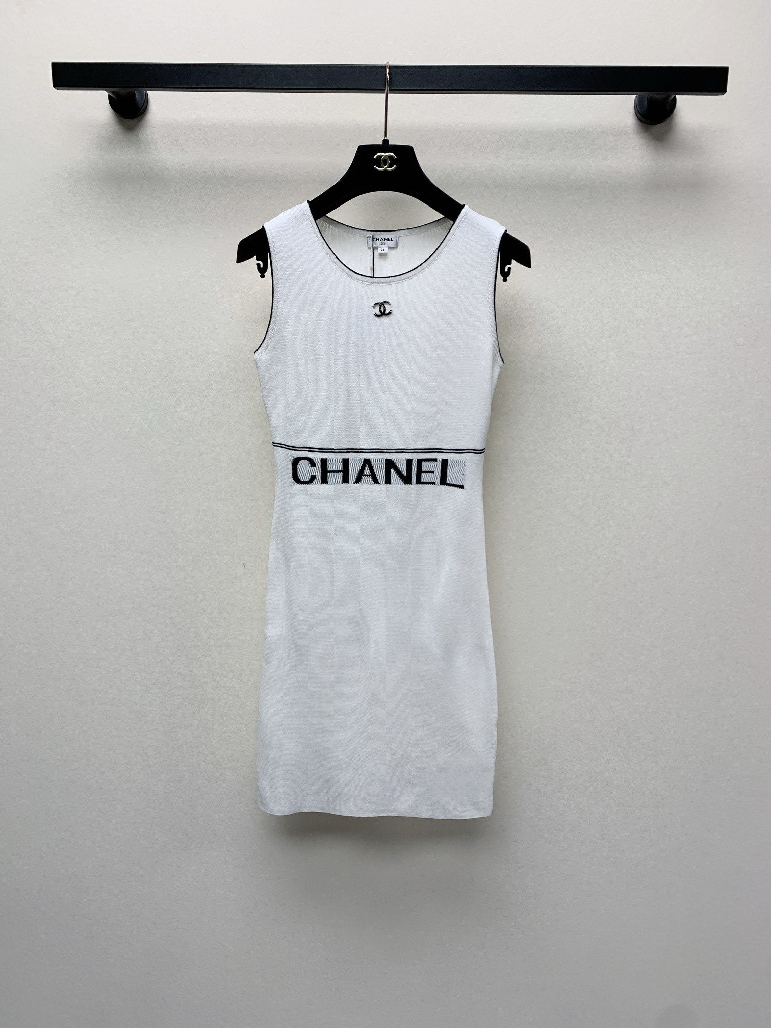 CC 25 Round Neck Knitted Embroidered Logo Vest Dress in White 277584
