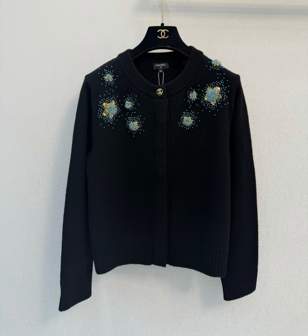 Chanel 26s Beaded Floral Knit Cardigan Black 450710