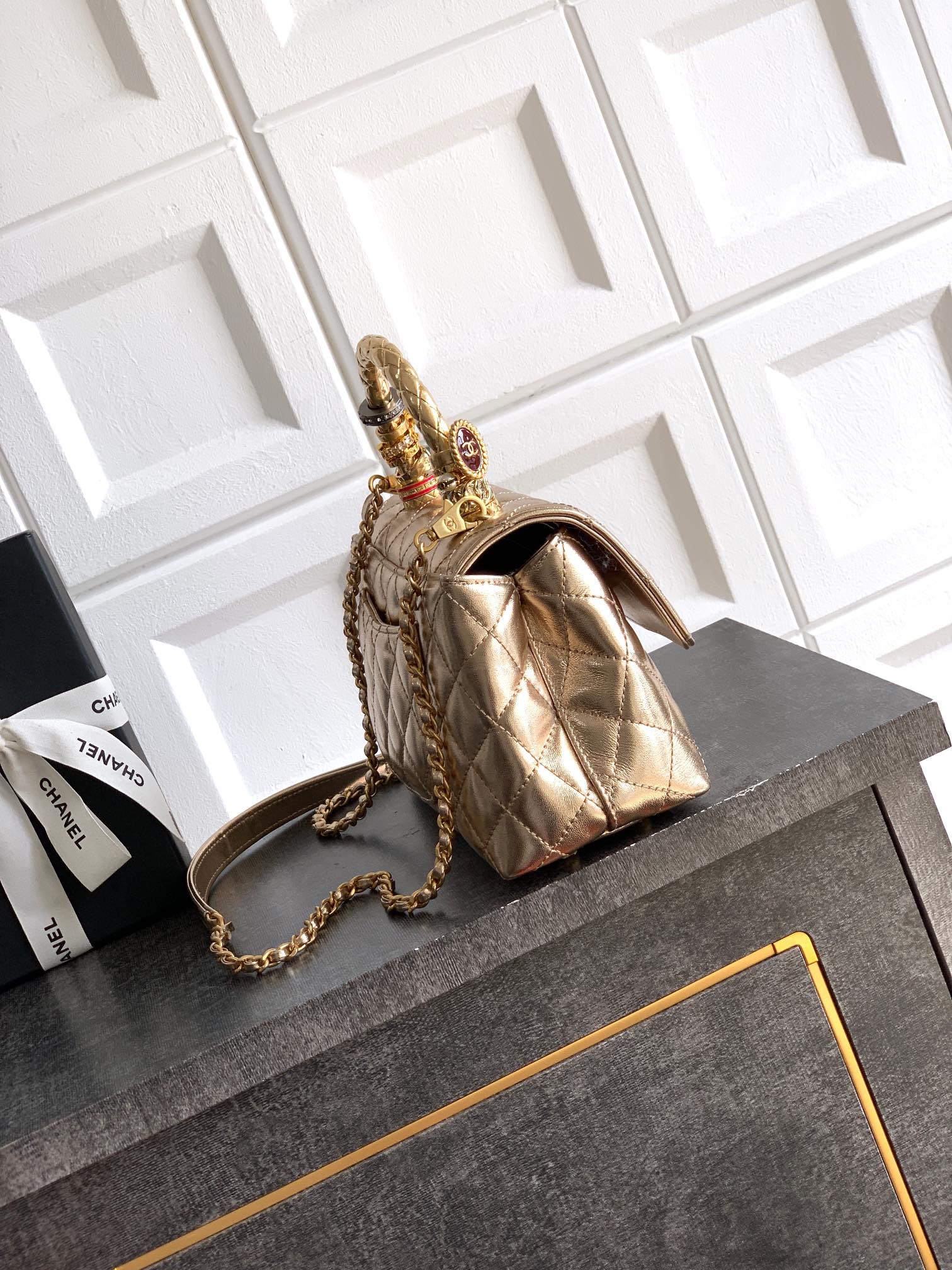 CC Coco Top Handle Bag 23cm Gold Metalic Quited Leather