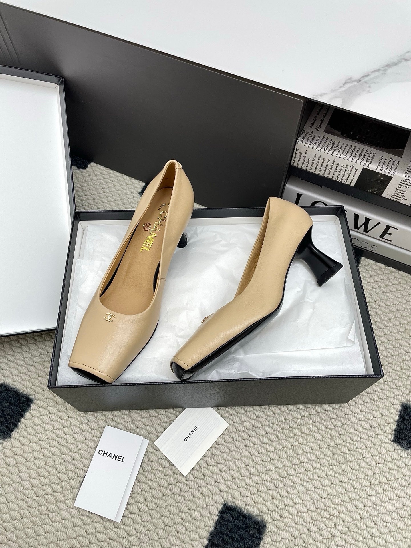 CC Square-Toe Pumps 65mm Beige Sheepskin 427014