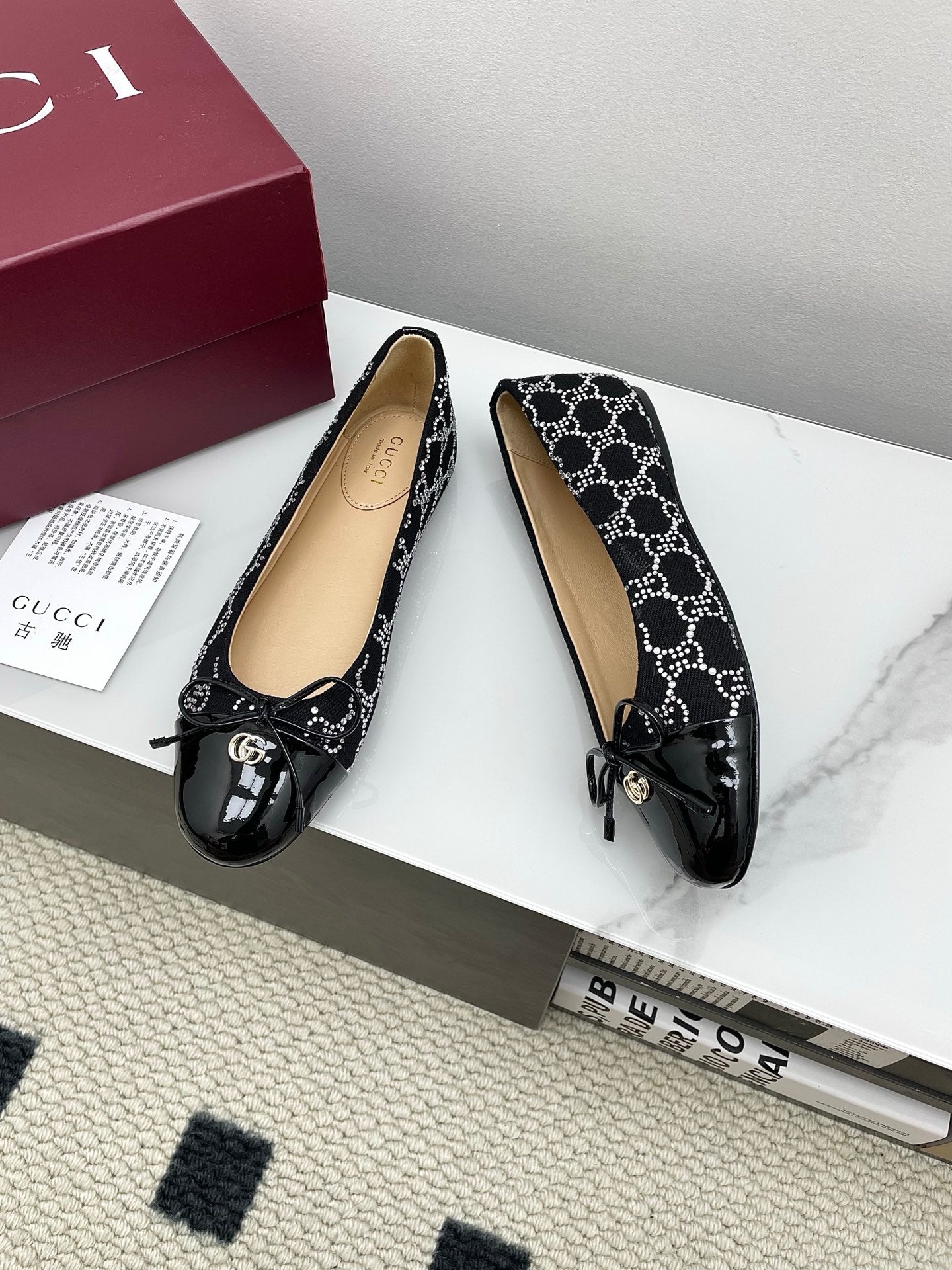 GG Women's Crystal Ballet Flat Black Denim Patent Leather Trim 511492