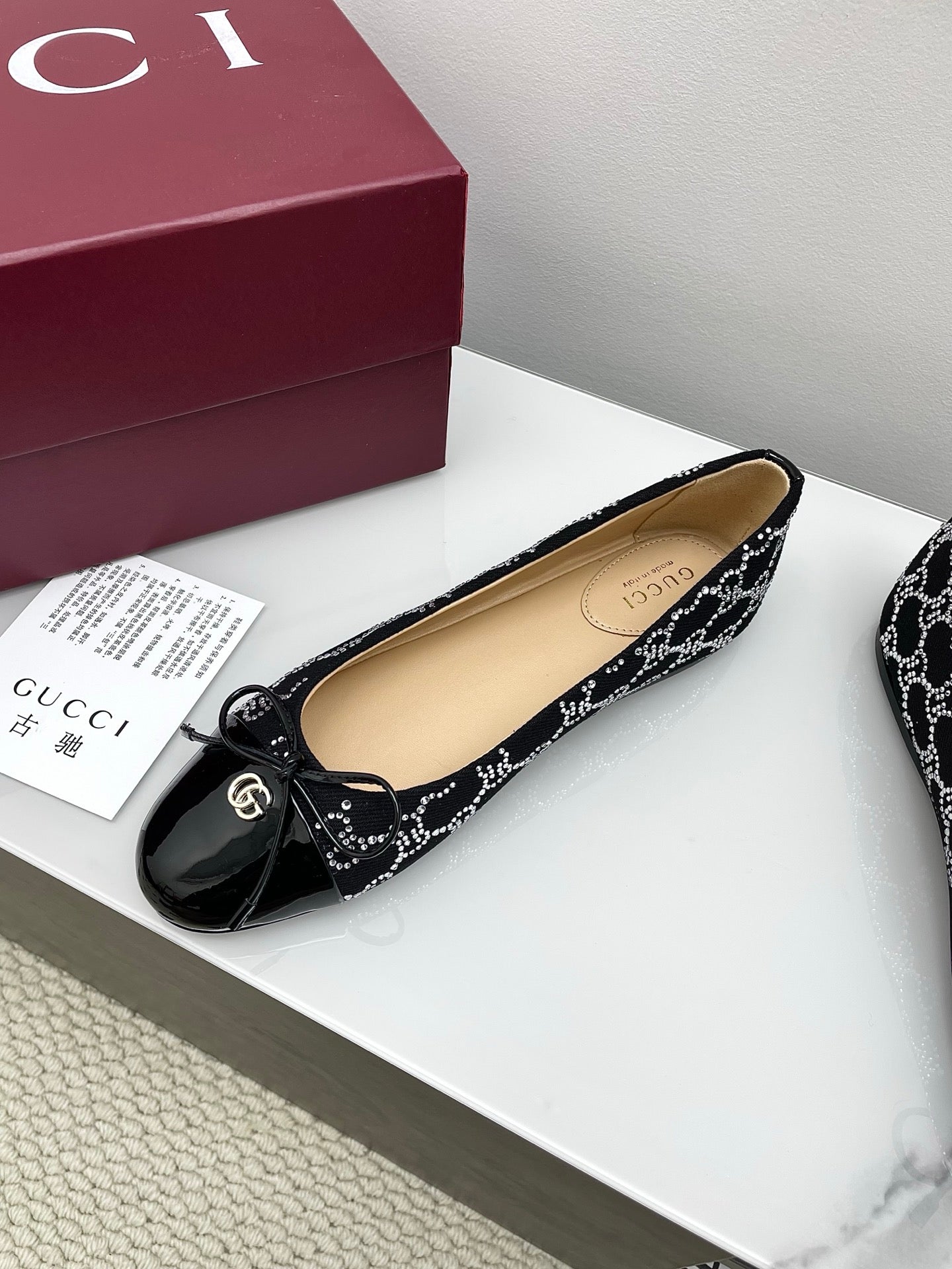 GG Women's Crystal Ballet Flat Black Denim Patent Leather Trim 511492