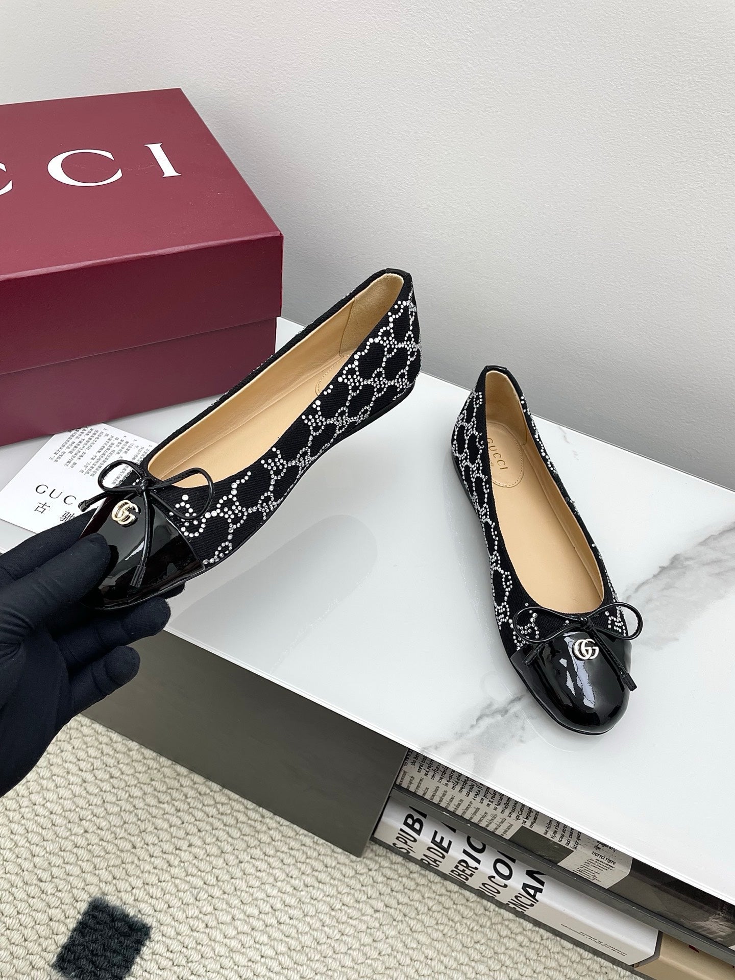 GG Women's Crystal Ballet Flat Black Denim Patent Leather Trim 511492