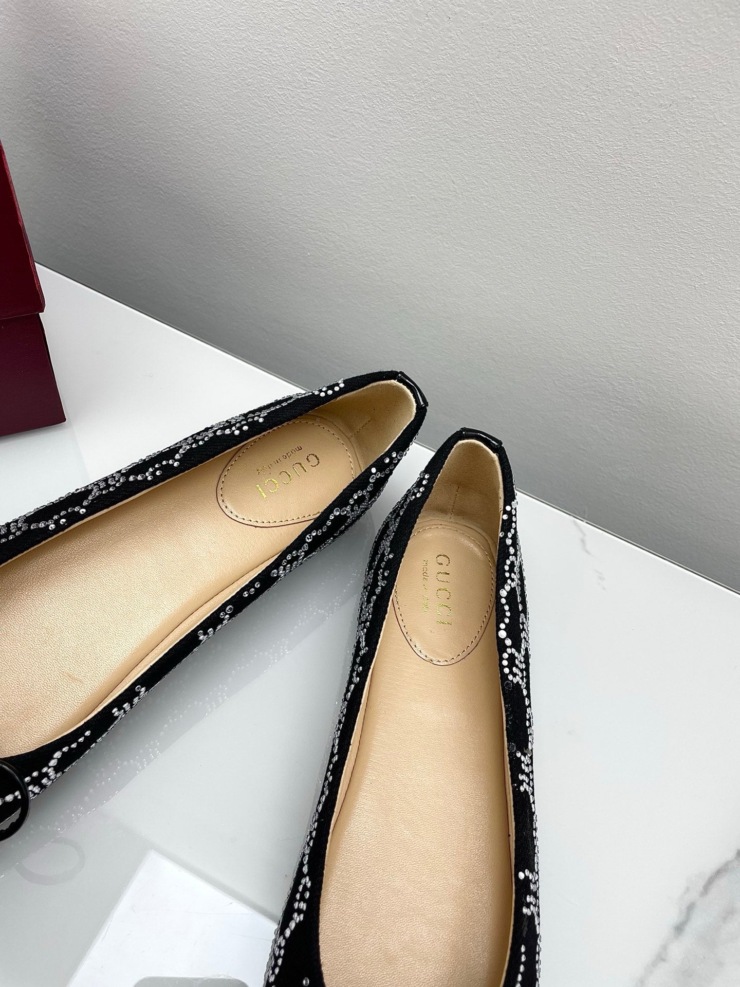 GG Women's Crystal Ballet Flat Black Denim Patent Leather Trim 511492