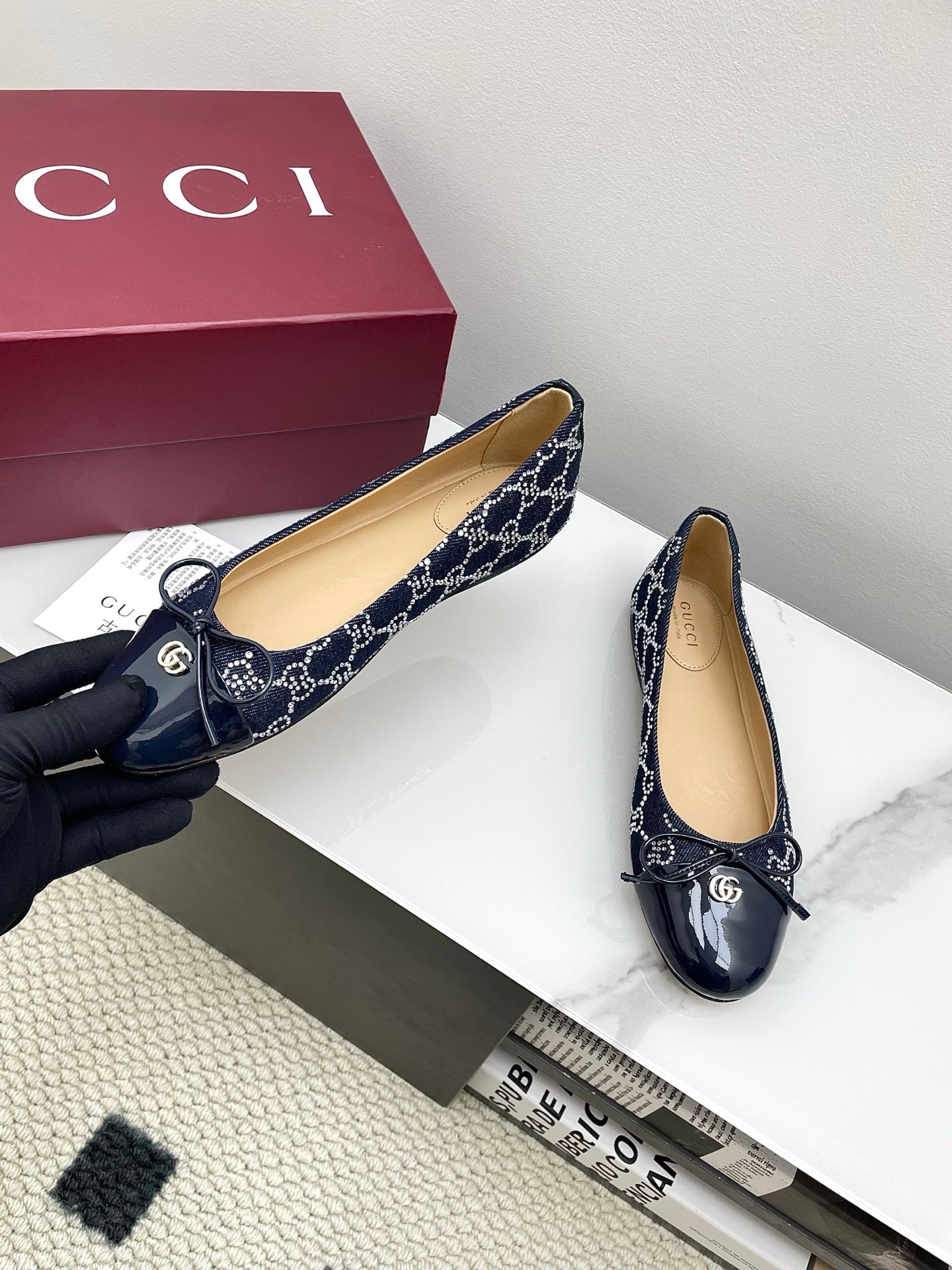 GG Women's Crystal Ballet Flat Dark Blue Denim Patent Leather Trim 511494