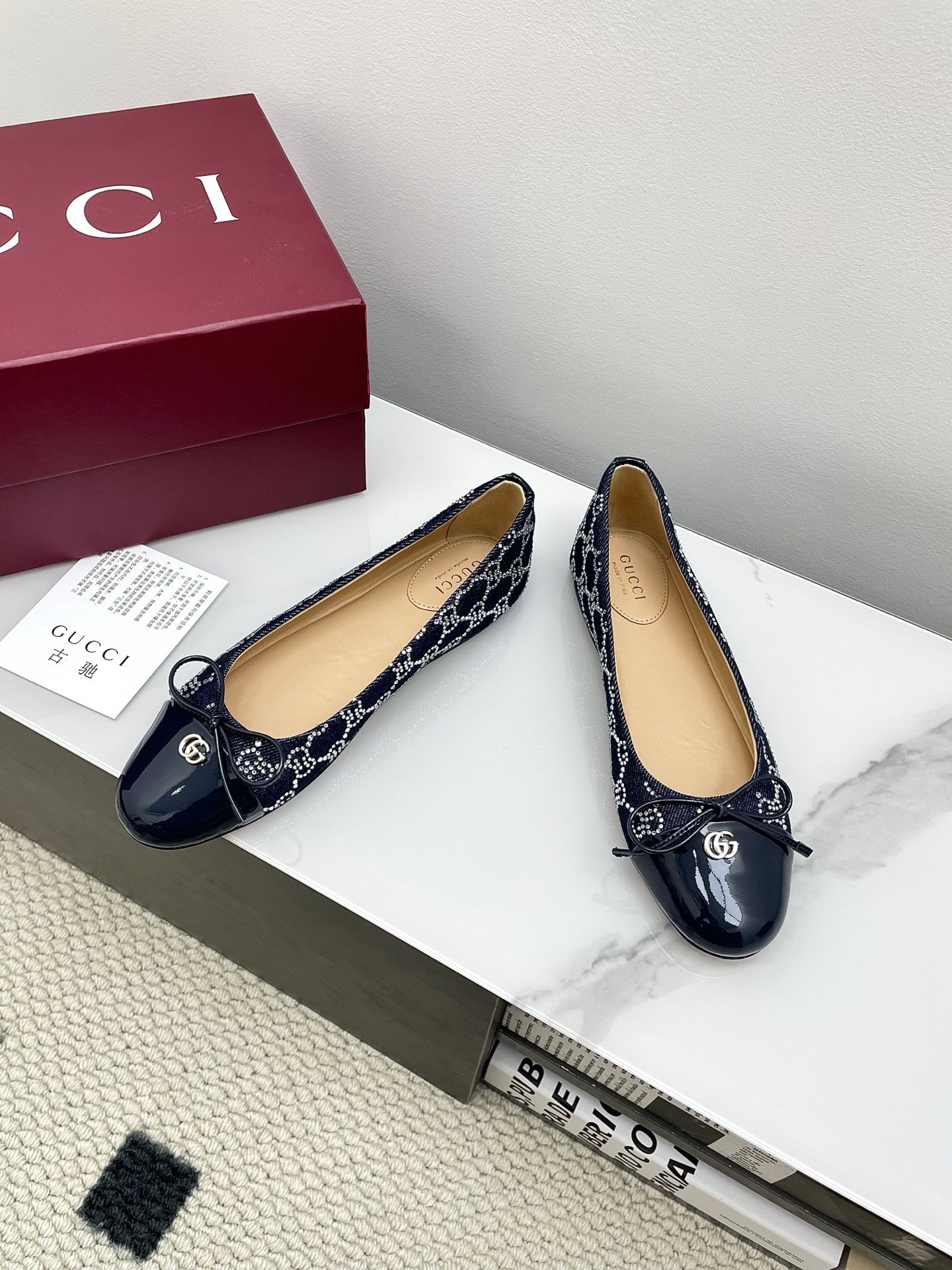 GG Women's Crystal Ballet Flat Dark Blue Denim Patent Leather Trim 511494