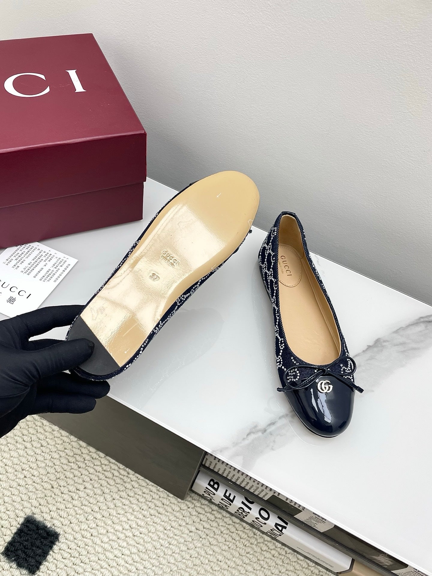 GG Women's Crystal Ballet Flat Dark Blue Denim Patent Leather Trim 511494