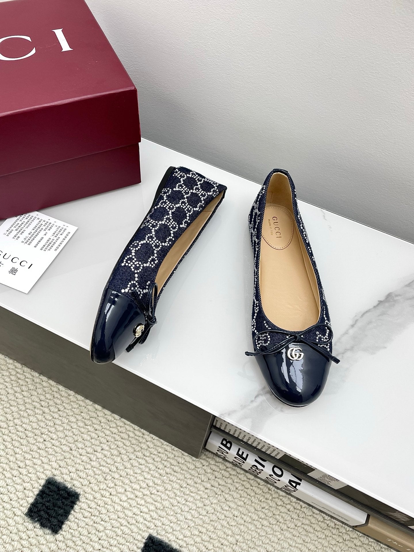 GG Women's Crystal Ballet Flat Dark Blue Denim Patent Leather Trim 511494